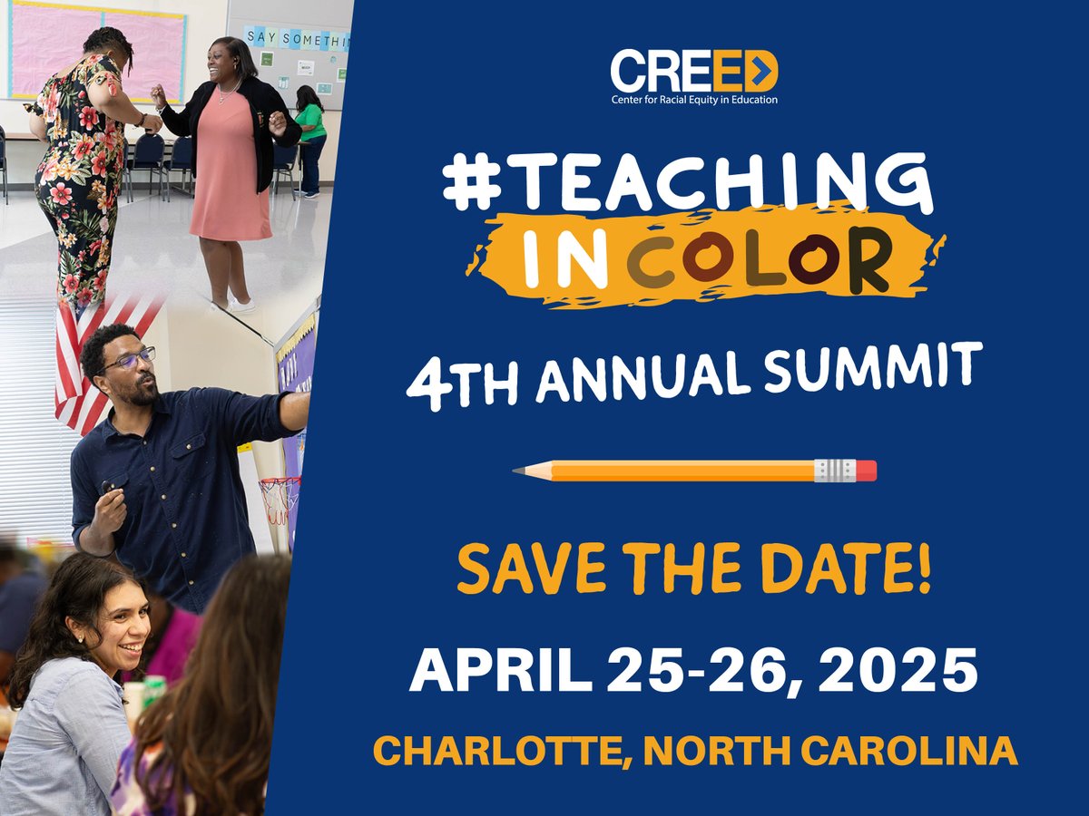CREED_NC's tweet photo. Mark your calendars for the fourth-annual #TeachingInColor Summit, April 25-26 in Charlotte!
Save the date and get ready to celebrate our educators of color! ๐๐พ
Add this event to your calendar: https://t.co/l19B5MYFZF https://t.co/caKFob1fGt