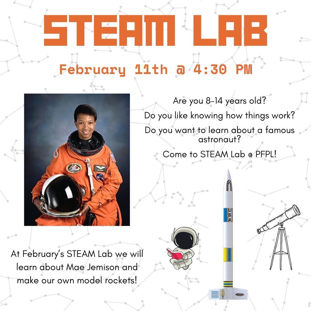 pennsaukenlib's tweet image. February's STEAM Lab is on the 11th at 4:30pm! We'll learn about Mae Jemison and make model rockets!

#library #libraryprogramming #librarySTEM #STEM #blackhistorymonth #bhm #maejemison