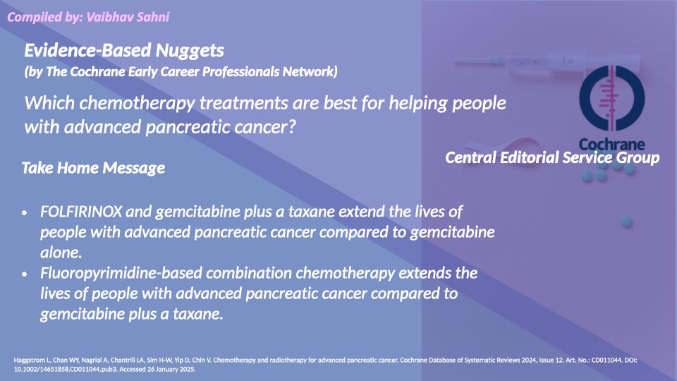 Which chemotherapy treatments are best for helping people with advanced pancreatic cancer? 💉🏥

Our latest #evidencebasednugget compiled by Vaibhav Sahni

Read the full Cochrane review here: cochranelibrary.com/cdsr/doi/10.10…