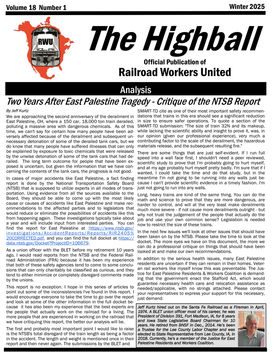 The winter 2025 issue of RWU's quarterly newsletter, The Highball, is here! Read up on the latest pro-worker perspective on the North American railroad industry. Share with others to use as an organizing tool.
Read the issue here: tinyurl.com/yw6ttdvw