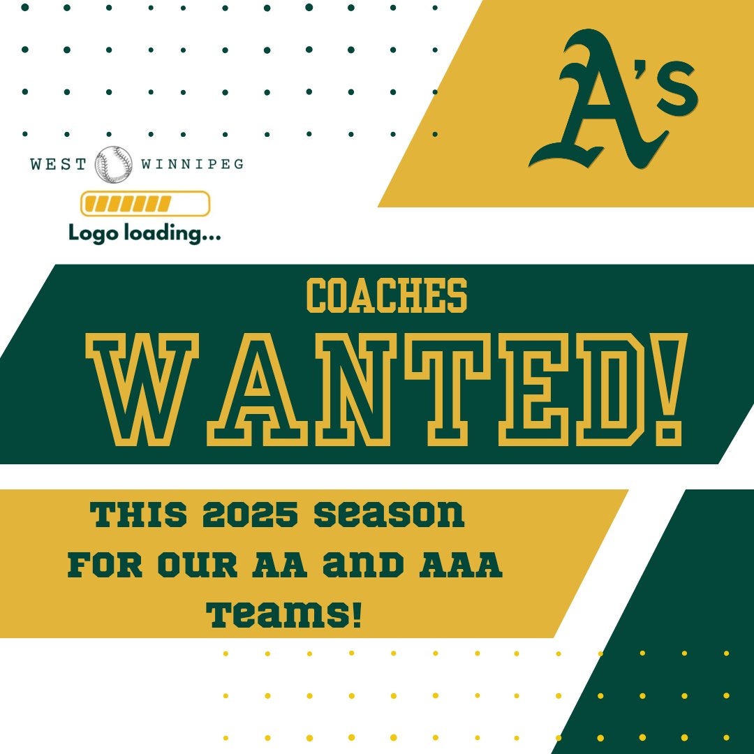 Get your coach applications in by February 15! 

West Winnipeg A’s are accepting coach applications for our AA and AAA teams.

Apply online here: shorturl.at/6BABU 

Questions may be directed to aaadirector@stjamesminorbaseball.net
