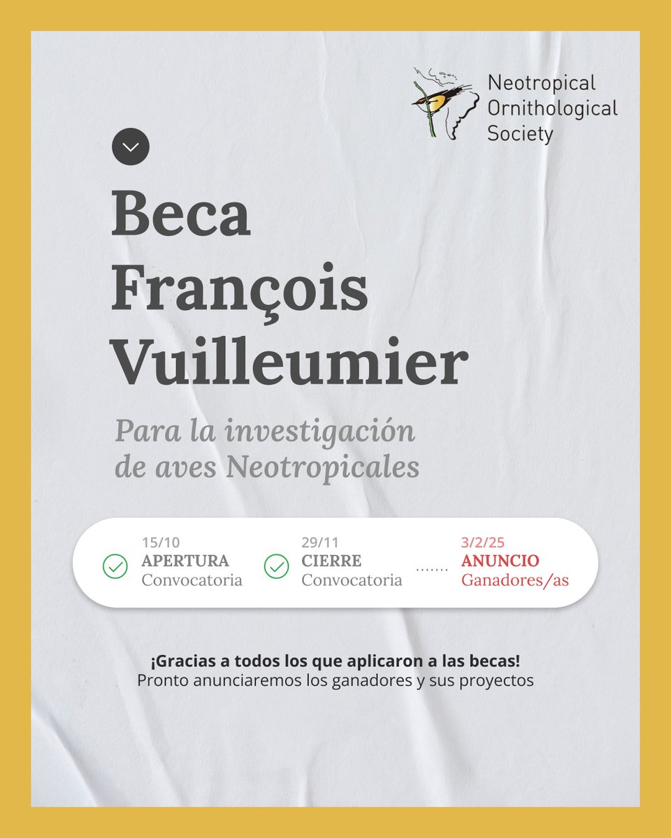 BECAS FRANÇOIS VUILLEUMIER: ¡Ganadores/as seleccionados! ✅

Gracias a todos los que aplicaron a esta nueva edición de las #BecaFrançoisVuilleumier para la #investigacion de aves Neotropicales. 

Felicitamos a los ganadores y muy pronto estaremos compartiendo sus proyectos.
