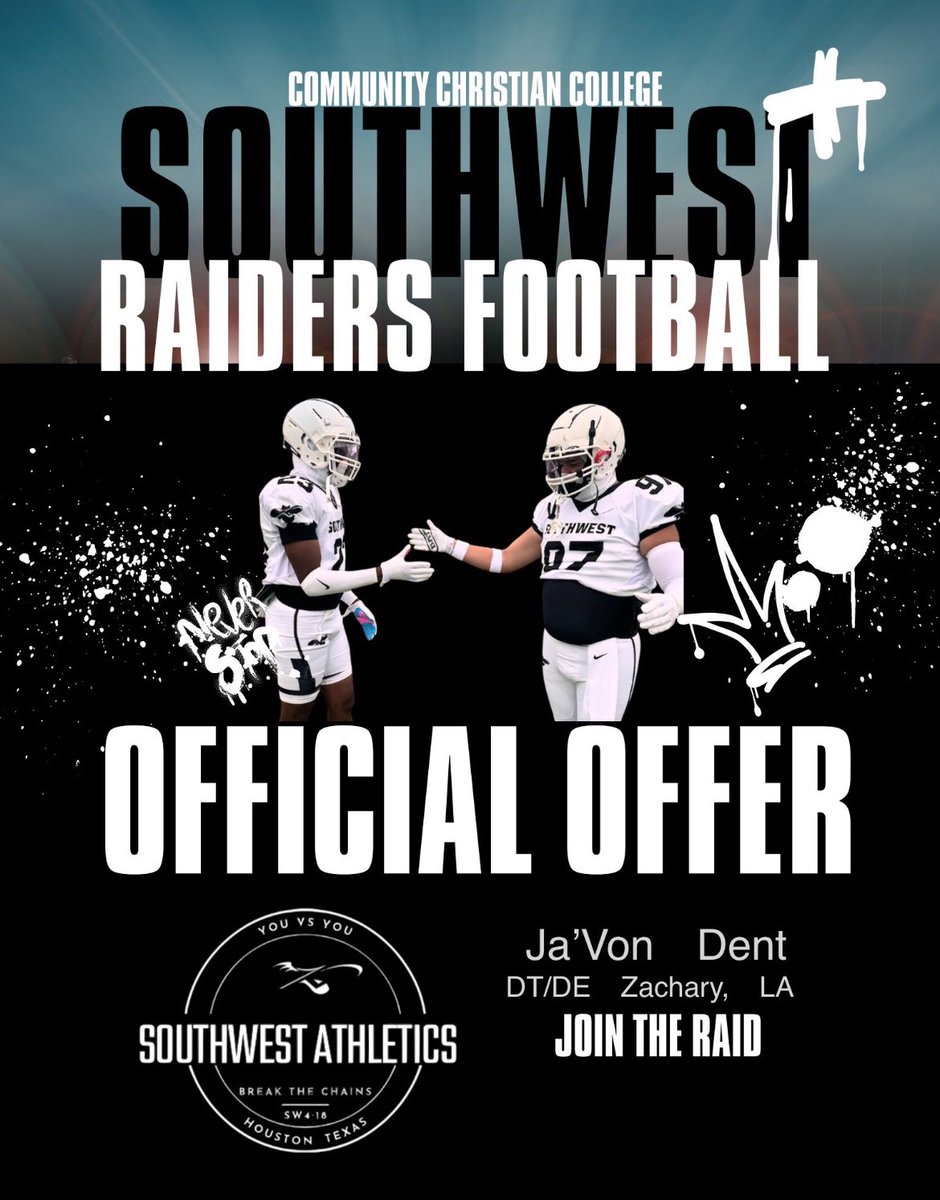 Javon Dent (@javondent) on Twitter photo After a great conversation with <a href="/CoachKProvi/">Kyle Providence</a> I’m blessed and honored to say I’ve received an offer from <a href="/SWRaidersFB/">Southwest Raiders Football</a> 🖤🤍<a href="/CoachHCrowder/">Hunter Crowder</a> <a href="/mzito59/">Matthew Zito</a> <a href="/_ZHSFootball/">Zachary High Football</a> <a href="/RecruitLouisian/">Recruit Louisiana™️</a> <a href="/CoachRuggles/">Coach Ruggles</a> After a great conversation with <a href="/CoachKProvi/">Kyle Providence</a> I’m blessed and honored to say I’ve received an offer from <a href="/SWRaidersFB/">Southwest Raiders Football</a> 🖤🤍<a href="/CoachHCrowder/">Hunter Crowder</a> <a href="/mzito59/">Matthew Zito</a> <a href="/_ZHSFootball/">Zachary High Football</a> <a href="/RecruitLouisian/">Recruit Louisiana™️</a> <a href="/CoachRuggles/">Coach Ruggles</a>