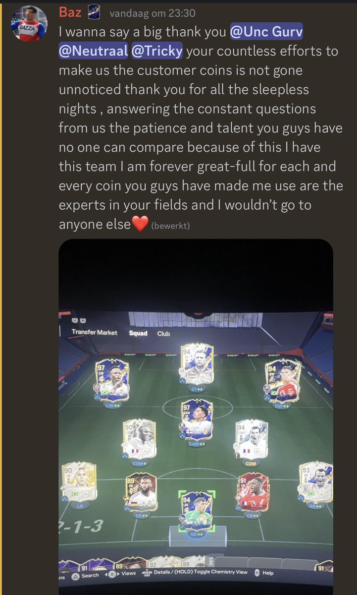 🤝🏼Why do I keep helping others trading?

Love this message where a member of us made plenty of coins to grind upgrades for TOTY to build such a team at TOTY. These are the kind of messages why I do this. <a href="/narcoinsfc/">Wael</a> to join our server❤️