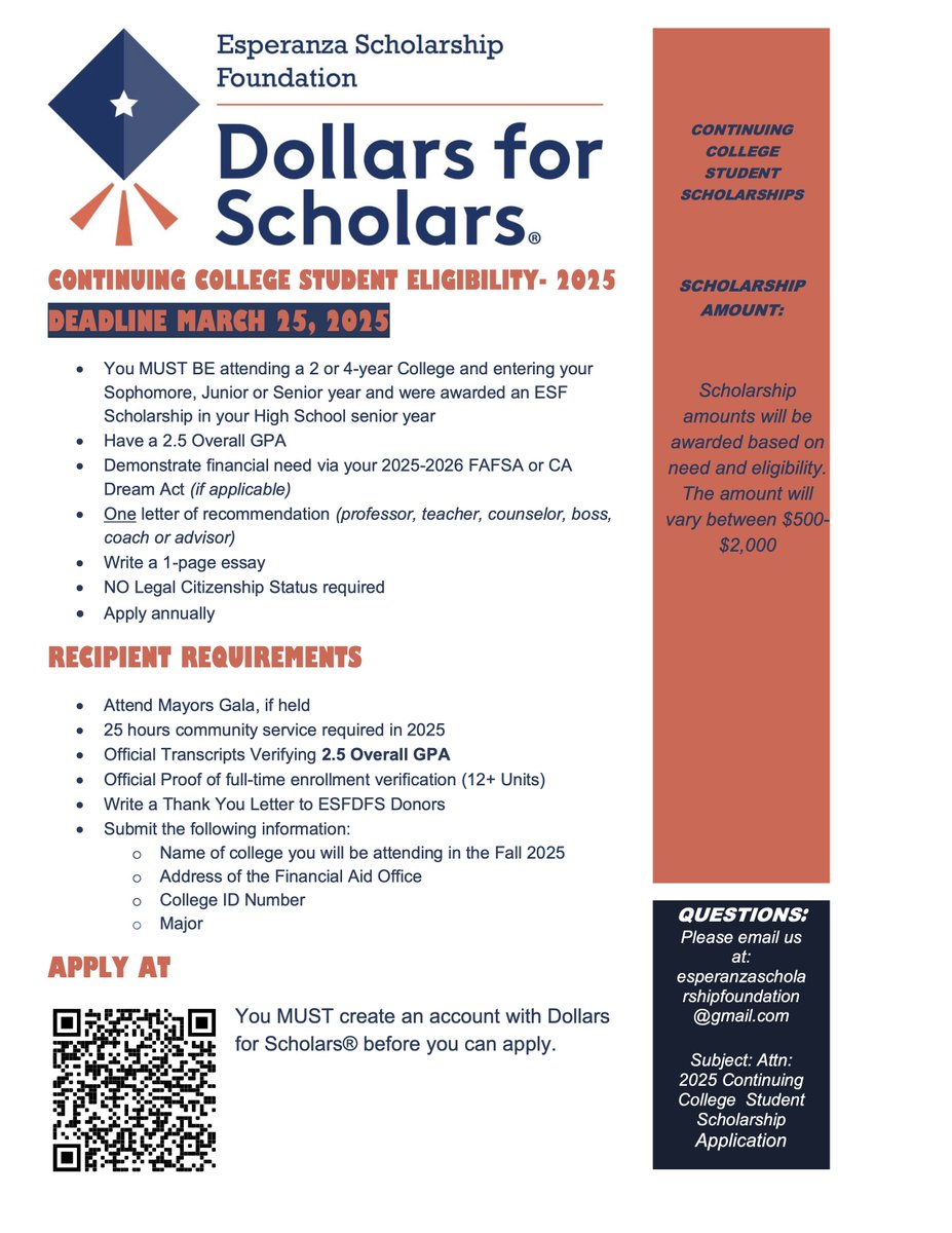EsperanzaDFS's tweet photo. Attention: The ESFDFS Continuing College Scholarship application is now open! Must be a past ESFDFS scholarship recipient entering their Sophomore, Junior and Senior year. See details and requirements below. Good Luck!
📷 https://t.co/WzsxsCpoml