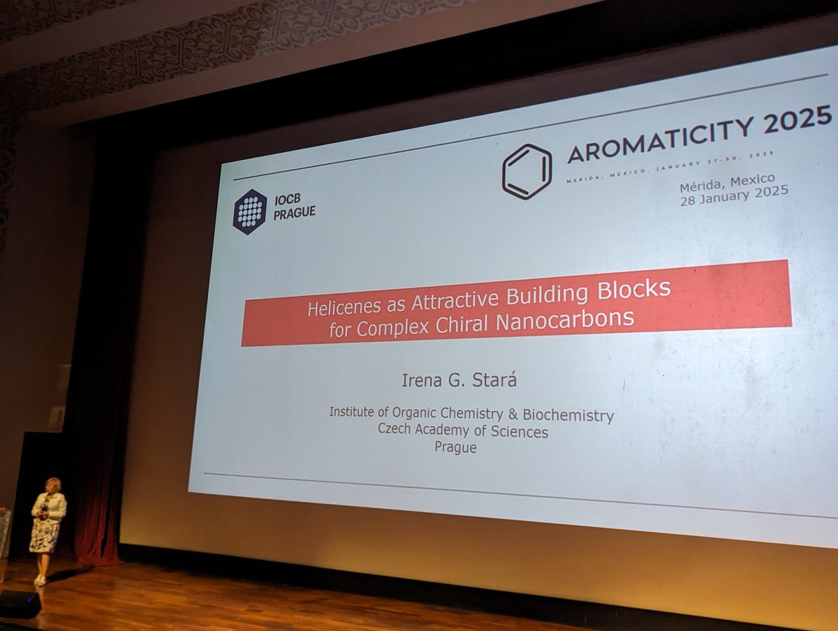 Nice presentations after lunch by Alvaro Muñoz <a href="/amclabs/">amclabs</a> on overall aromaticity in local
aromatic aggregates, and by Irena Stará on #helicenes for chiral #nanocarbons at <a href="/Aromaticity2025/">Aromaticity 2025</a>.