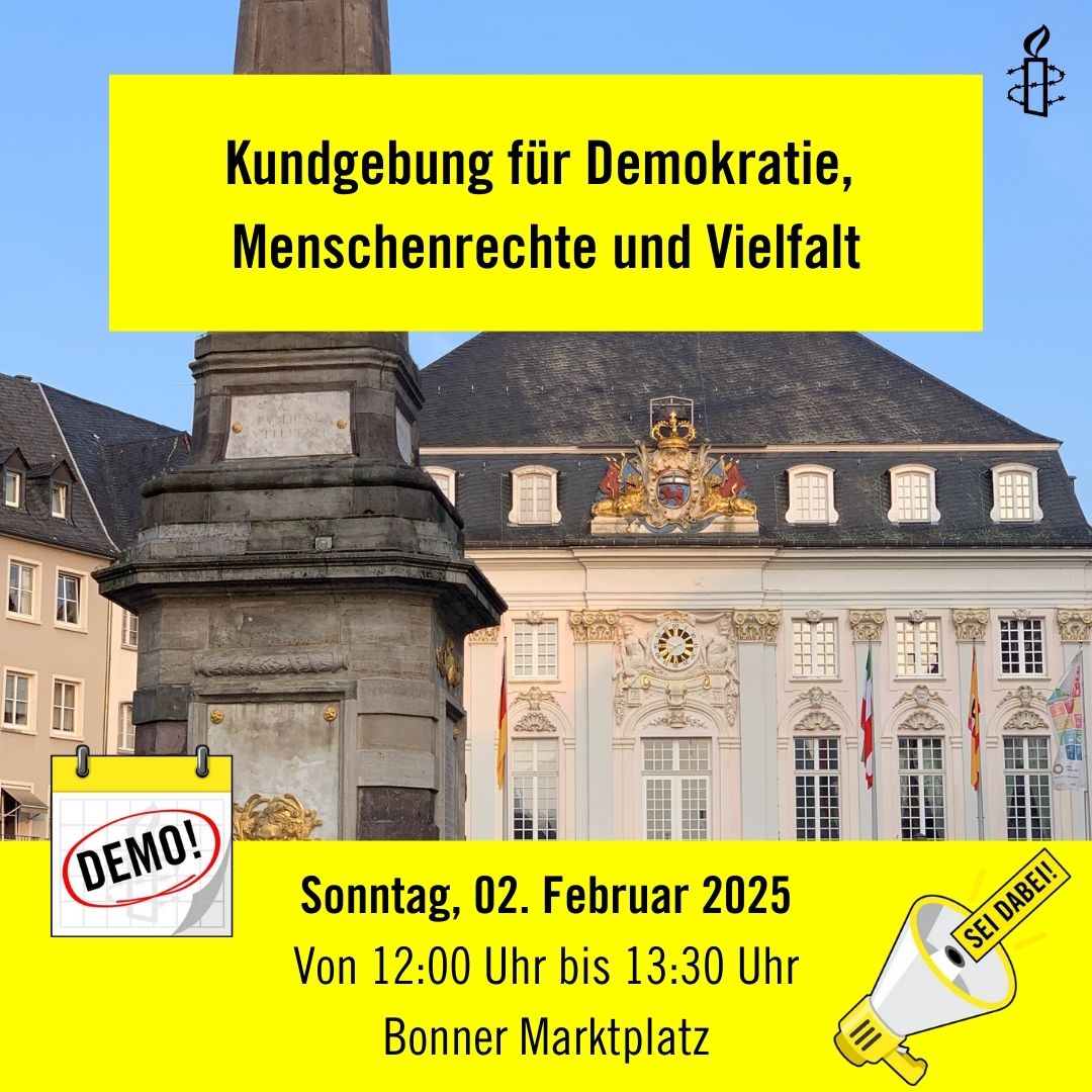Die Linke Bonn ruft zur Unterstützung der Kundgebung für #Demokratie, Menschenrechte und Vielfalt von #Amnestyinternational Bonn am 02.02.2025 auf dem Marktplatz auf! 
Unter den Rednern: unser Direktkandidat Jürgen Repschläger!  

Nähere Infos unter:  
stadtgruppe.amnesty-bonn.de