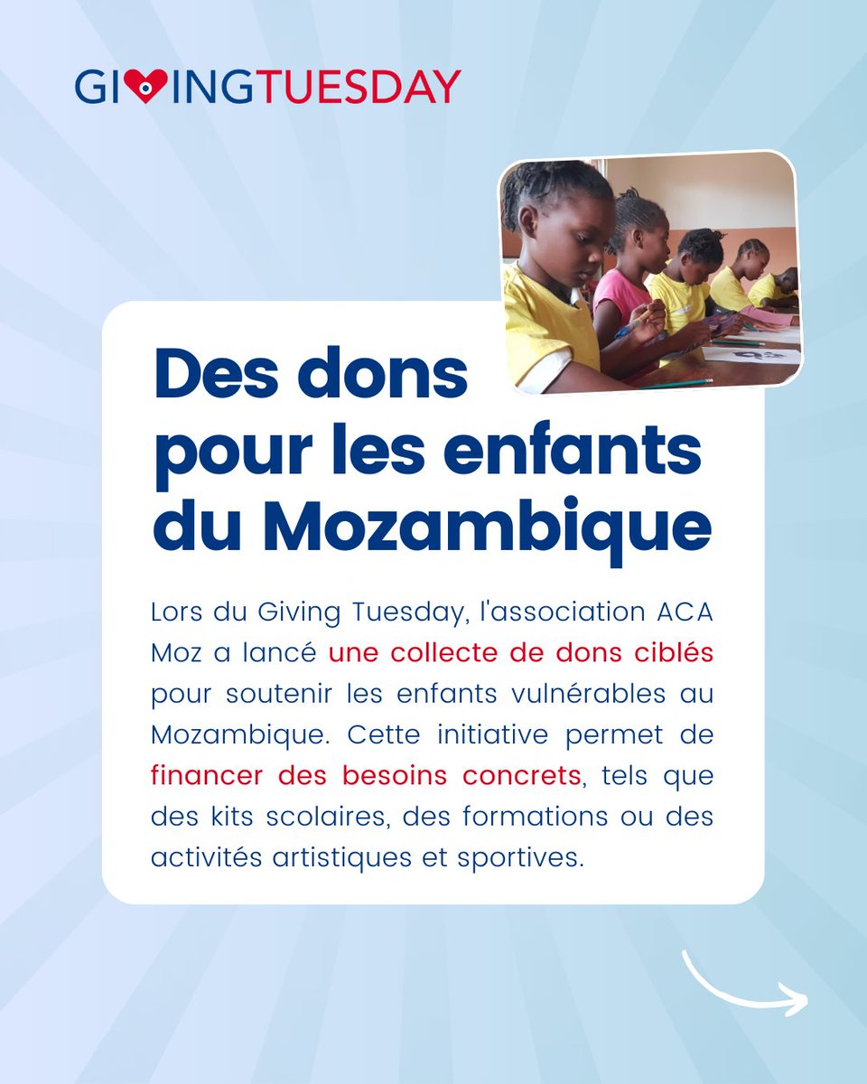 GivingTuesdayFr's tweet image. 🌍 L'association ACA Moz s'engage au quotidien pour offrir un avenir meilleur aux enfants vulnérables au Mozambique.
🔎 Pour le #GivingTuesday 2024, l’association a lancé une collecte de dons ciblés.
👉 Faites un don ici : helloasso.com/associations/a…
#solidarité #générosité