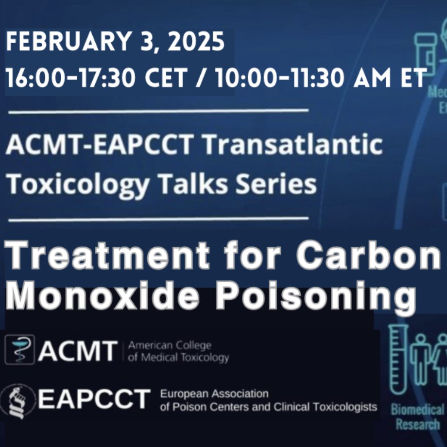 Join us for the ACMT-EAPCCT TransAtlantic Toxicology Talk on CO Poisoning.
Registeration and information: education.acmt.net/p/Transatlanti… <a href="/eapcct/">EAPCCT</a> <a href="/acmtmedtox/">American College of Medical Toxicology</a> #toxicology