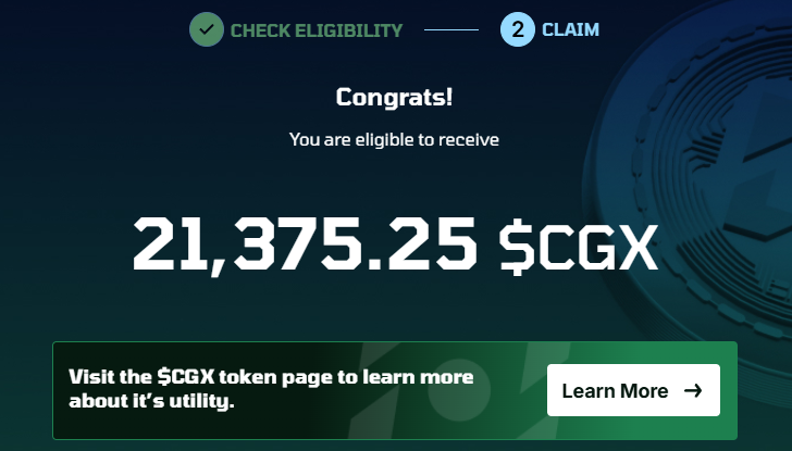 Crypto_Pranjal's tweet photo. Community Gaming Airdrop Checker is Live! 🪂

You can now check your eligibility and allocation for the Community Gaming $CGX airdrop.

✅ Check here: https://t.co/Cv5RkizY0r

- Eligibility: At least 1,250,000 Quest Points
- TGE & Claim: February 19th

When the TGE goes live, you can claim half of your tokens immediately. The remaining tokens will be staked for 3 months, unlocking Loot Box rewards each month.

For full details, check this: https://t.co/SJRjBZa57c

With a 1B max supply, the listing price could range from $0.1-$0.2. How many tokens are you eligible for?