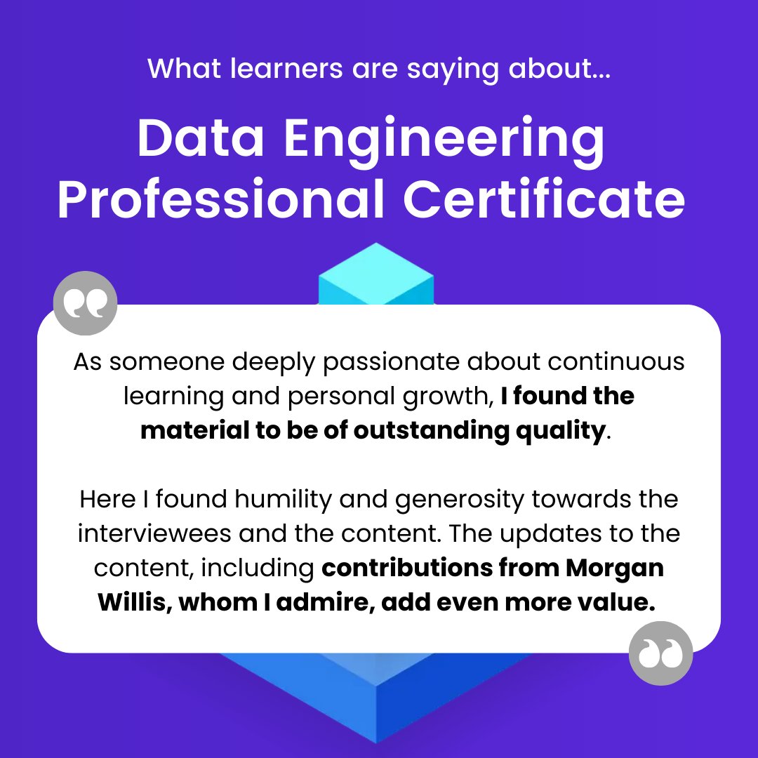 DeepLearningAI's tweet photo. Learners in the Data Engineering Professional Certificate are not only gaining technical expertise but also appreciating the thoughtful approach to teaching and the many real-world examples provided in each course.

Read their experiences with hands-on labs, practical tools like Airflow, and insights from industry experts. 

Learn more about the certificate here: https://t.co/v9e9FUplt0