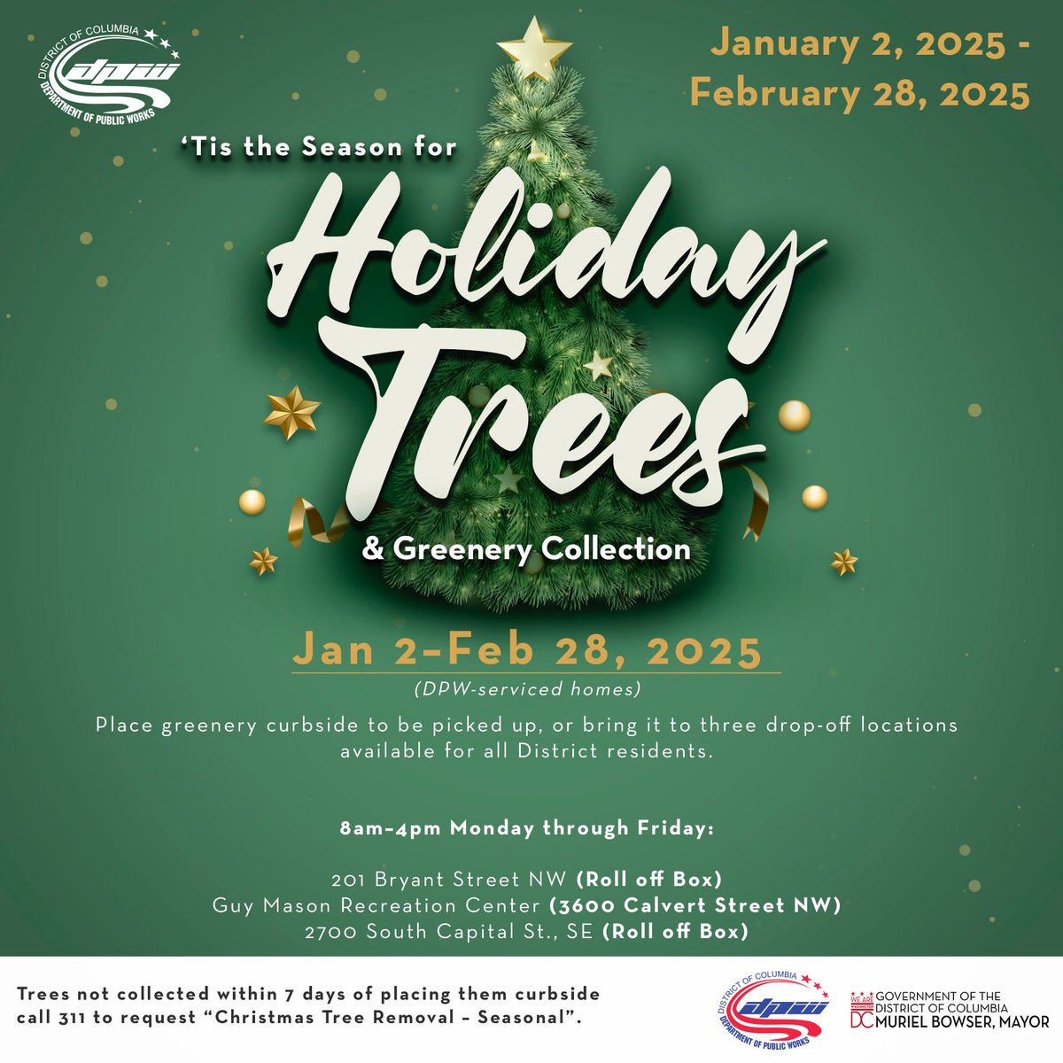 🌟🎄 Got a Christmas tree to dispose of? 

Place it at the front of your residence for collection. Together, we’ll keep DC looking great!