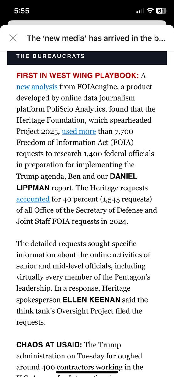 Daniel Lippman (@dlippman) on Twitter photo SCOOPLET: A new analysis from FOIAengine found that the Heritage Foundation, which spearheaded Project 2025, used more than 7,700 FOIA requests to research 1,400 federal officials in preparation for implementing the Trump agenda. (Via <a href="/BenJohansen3/">Ben Johansen</a> and me) politico.com/newsletters/we… SCOOPLET: A new analysis from FOIAengine found that the Heritage Foundation, which spearheaded Project 2025, used more than 7,700 FOIA requests to research 1,400 federal officials in preparation for implementing the Trump agenda. (Via <a href="/BenJohansen3/">Ben Johansen</a> and me) politico.com/newsletters/we…
