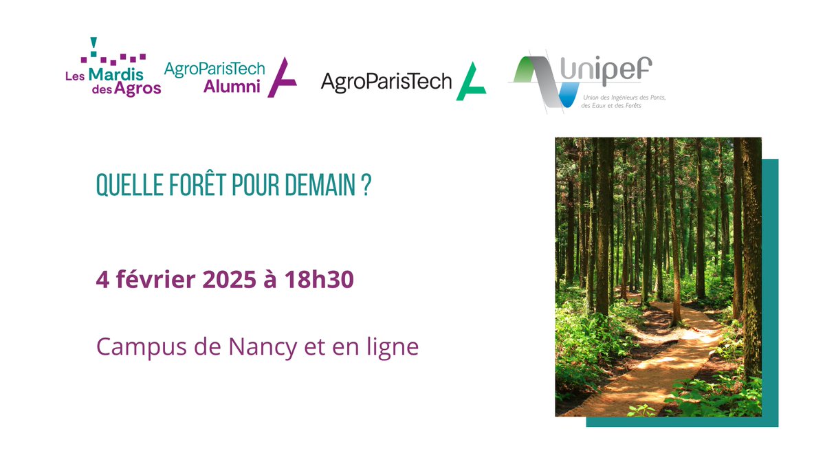 "🍃 RDV le 4/02 à 18h30 pour un débat passionnant sur l'avenir de nos forêts au Campus de Nancy d'AgroParisTech. On parlera changement climatique, gestion durable et bien plus. Avec des experts comme Meriem FOURNIER, Sylvain ANGERAND, Francis HALLÉ, Damien FRANÇOIS, Rodolphe