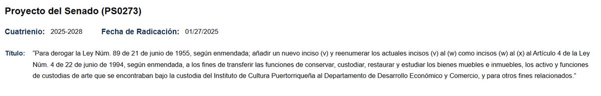El presidente del Senado, <a href="/trschatz51/">Thomas Rivera Schatz</a>, presenta una medida para abolir el <a href="/icppr/">Instituto de Cultura Puertorriqueña</a> y transferir las "funciones de conservar, custodiar, restaurar y estudiar los bienes muebles e inmuebles, los activos y funciones de custodias de arte que se encontraban bajo la custodia del
