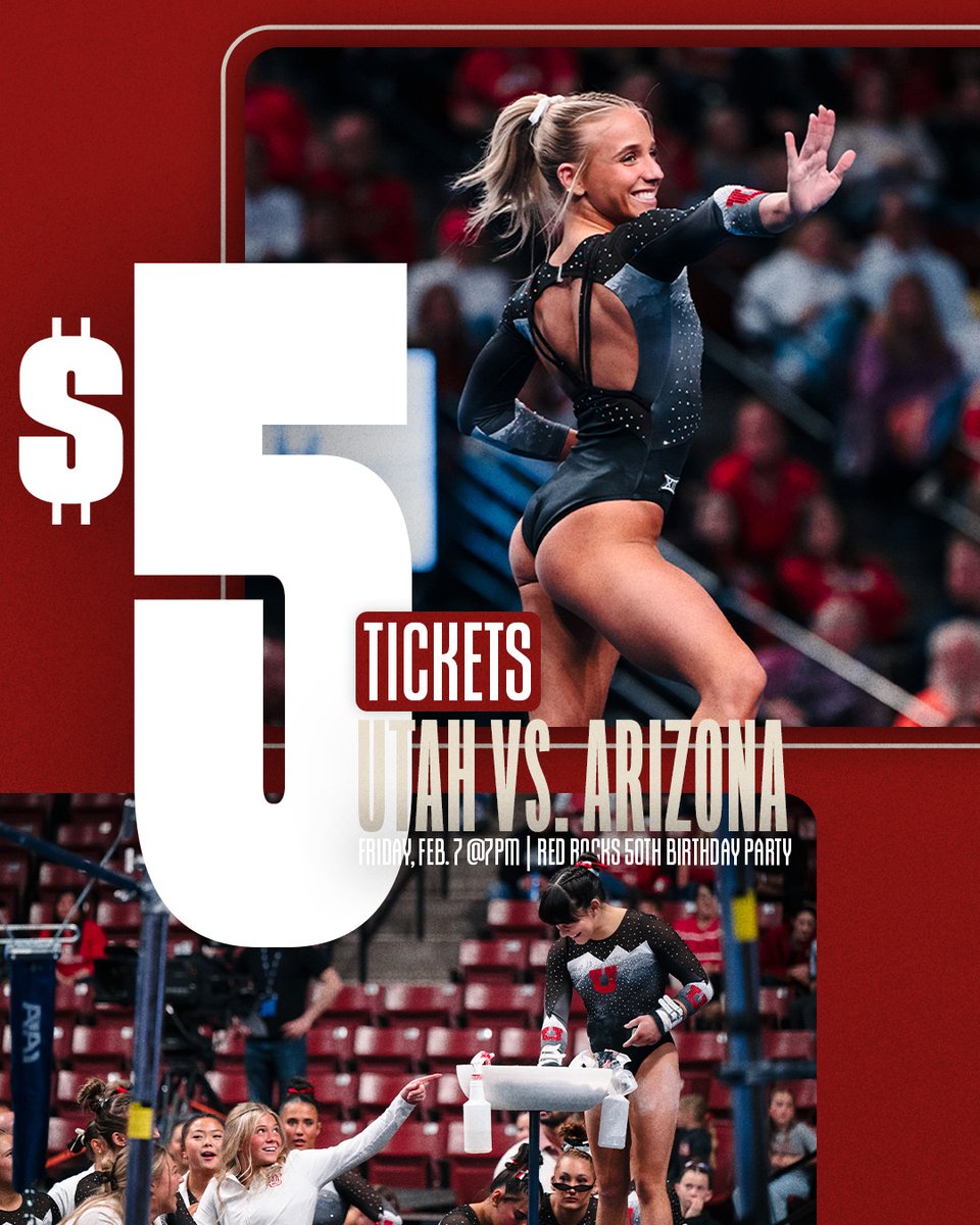 🔴𝗖𝗲𝗹𝗲𝗯𝗿𝗮𝘁𝗲 𝟱𝟬 𝘆𝗲𝗮𝗿𝘀 𝗼𝗳 𝗨𝘁𝗮𝗵 𝗚𝘆𝗺𝗻𝗮𝘀𝘁𝗶𝗰𝘀 𝗳𝗼𝗿 𝗷𝘂𝘀𝘁 $𝟱! 🔴

Alumni Night vs. Arizona is next Friday—get your ticket and be part of the party! 

🎟️ bit.ly/40RMgwY
#RedRocks | #DROP