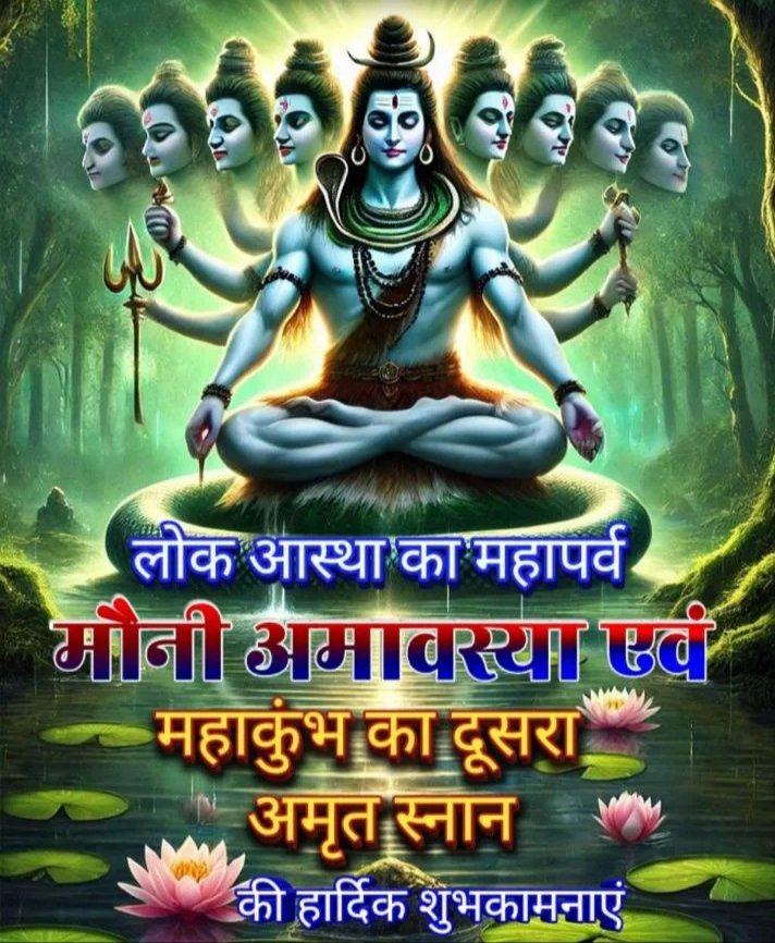 मौनी अमावस्या का पावन है दिन,
भोलेनाथ का मिलता हर पल चिन्तन।
ध्यान और तप से कृपा बरसाते हैं वे,
भक्तों के जीवन में खुशियाँ लाते हैं वे।
पवित्र सरिता में स्नान जो करे,
उसके जीवन के दुख-दोष सब हरे।
🌺मौनी अमावस्या एवं महाकुंभ का दूसरा स्नान की हार्दिक शुभकामनाएं🌺
🙏ऊं नमः शिवाय🙏