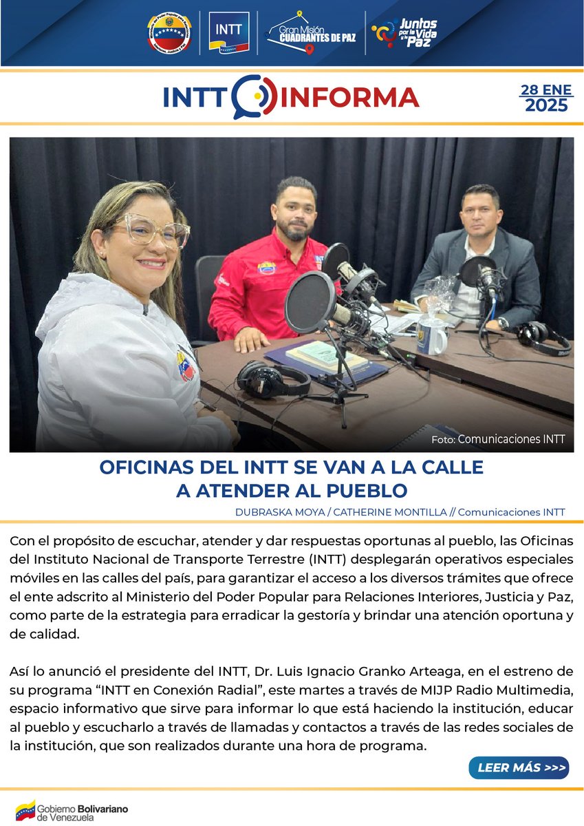 #INTTInforma| Oficinas del INTT se van a la calle a atender al pueblo

intt.gob.ve/inttweb/?p=154…