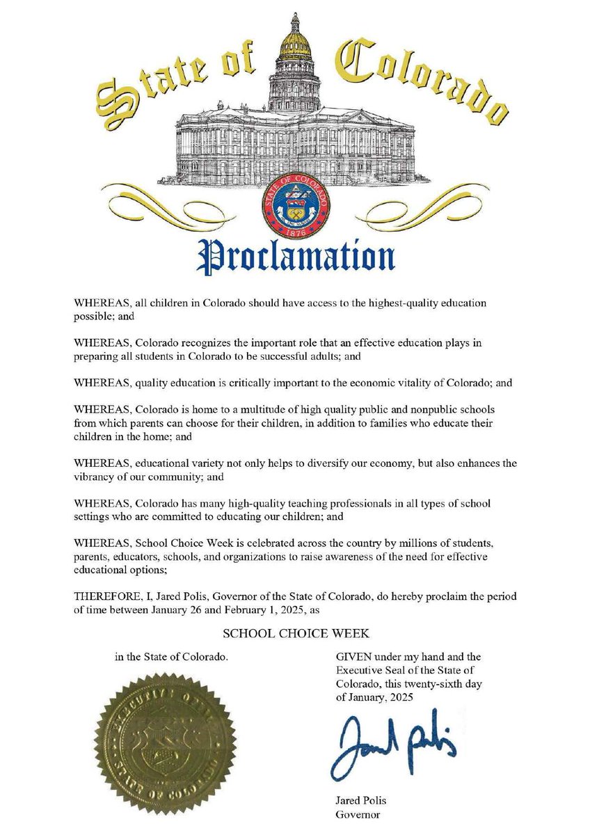 Colorado Governor Jared Polis <a href="/GovofCO/">Governor Jared Polis</a> has issued a proclamation recognizing January 26 – February 1, 2025 as Colorado School Choice Week #SchoolChoiceWeek