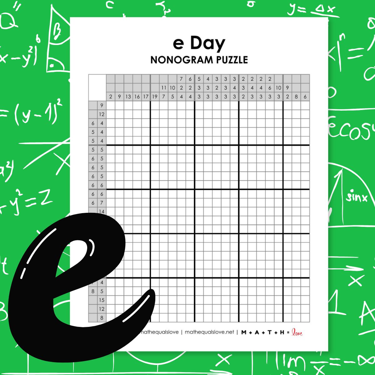 mathequalslove's tweet photo. e Day (Pi Day's lesser-known cousin) is coming up soon (February 7th). Here's a brand new e day puzzle for this year - an e Day Nonogram. 

https://t.co/SesXmZbw2b 

#mtbos #iteachmath #puzzlingclassroom https://t.co/WZJfmruSd1