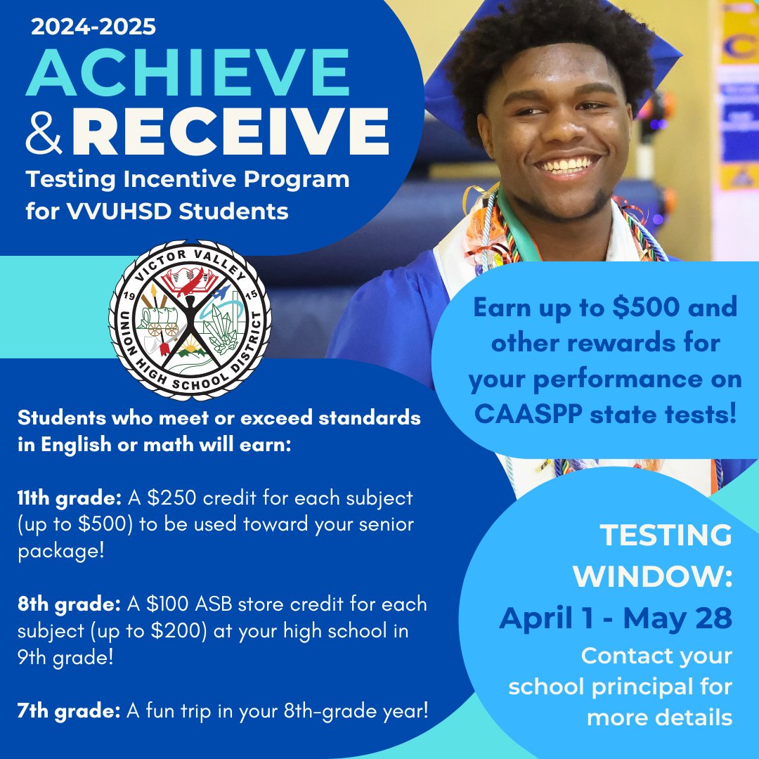 Your student can earn rewards by meeting or exceeding standards on their CAASPP testing
Dates: April 1st - May 28th
Tips for Success:
-Ensure your student is on time to school.
-Make sure they get enough rest the night before.
-Provide a healthy morning meal to fuel their focus.