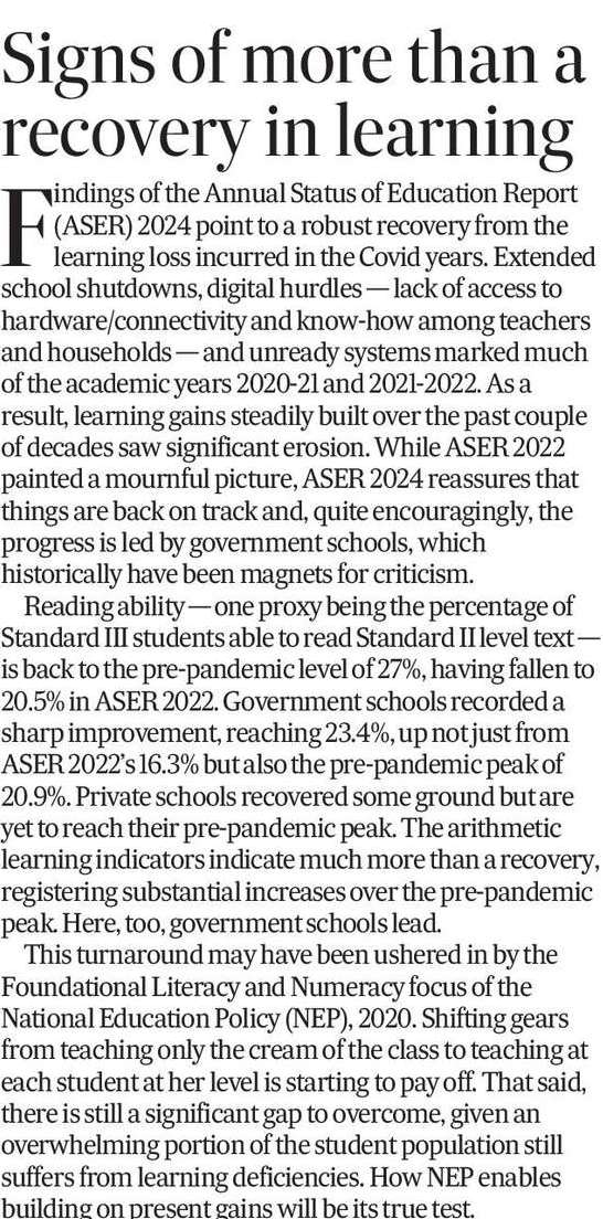 KaliKamlesh's tweet image. ASER 2024 shows a strong recovery in learning post-Covid, led by government schools. Reading and arithmetic levels back to or surpassing pre-pandemic numbers. #Education #LearningRecovery
