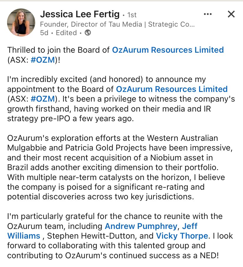Bogan Geologist ⛏ (@bogan_geologist) on Twitter photo Curious to understand how a person who sells IR services to a company/has a long standing business relationship with that company can be appointed an Independent NED on their board?
$OZM <a href="/ozaurum/">OzAurum Resources Limited</a> - How does this protect shareholders? Curious to understand how a person who sells IR services to a company/has a long standing business relationship with that company can be appointed an Independent NED on their board?
$OZM <a href="/ozaurum/">OzAurum Resources Limited</a> - How does this protect shareholders?