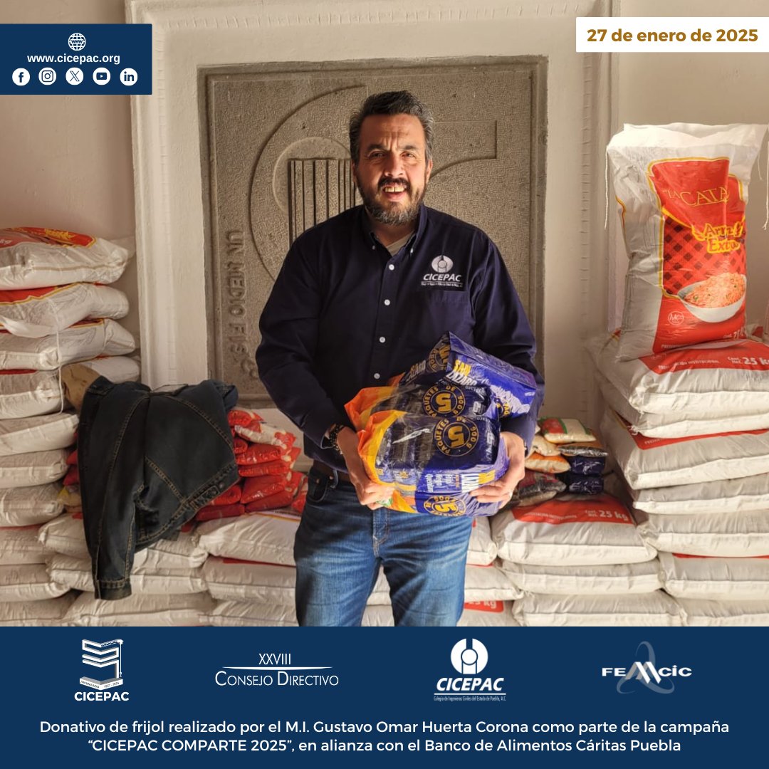 cicepac's tweet image. Donativo de frijol realizado por el M.I. Gustavo Omar Huerta Corona como parte de la campaña “CICEPAC COMPARTE 2025”, en alianza con el @BAMXPuebla

#CICEPAC #BAMX #CÁRITAS #arroz #frijol #ingenieríacivil #Puebla