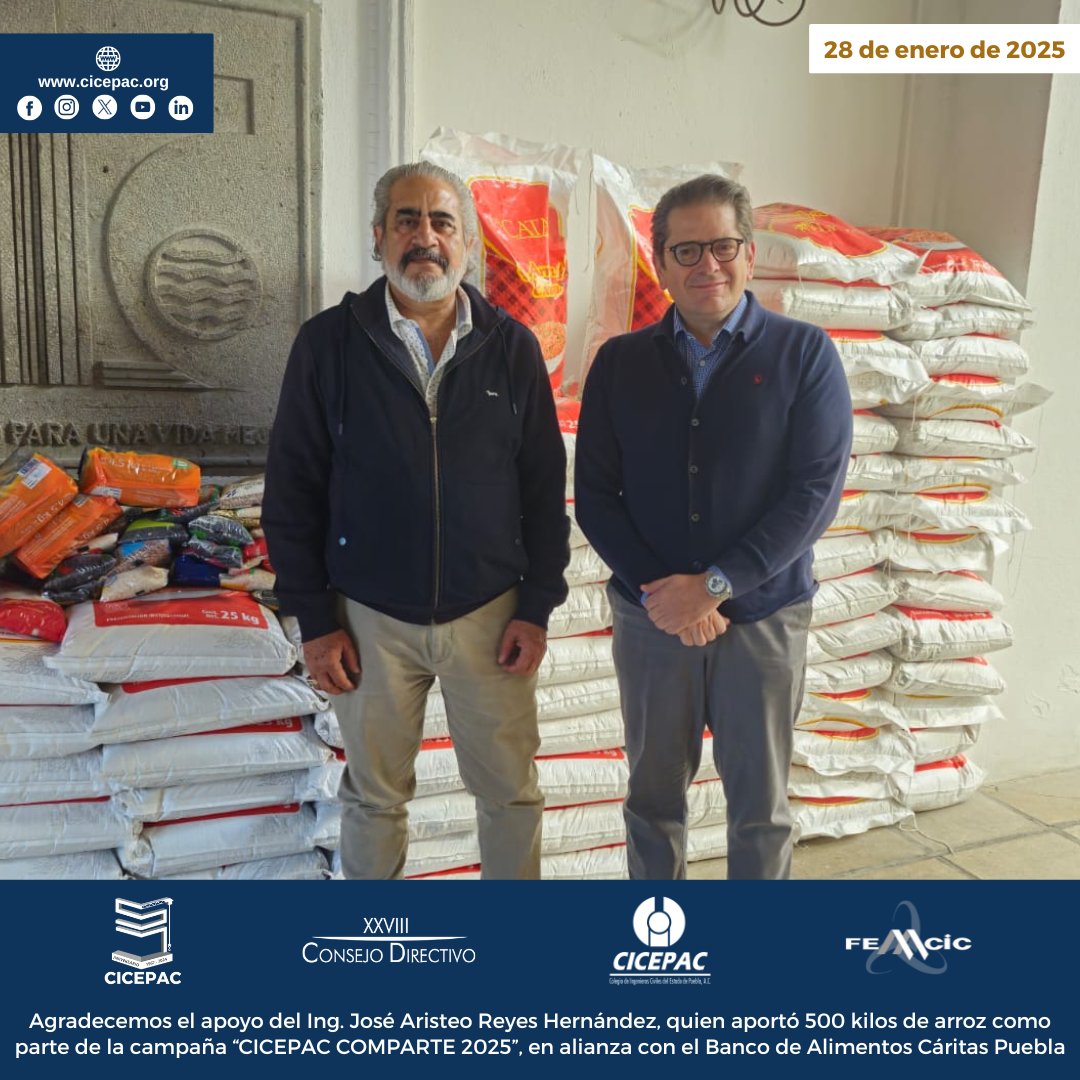 cicepac's tweet image. Agradecemos el apoyo del Ing. José Aristeo Reyes Hernández, quien aportó 500 kilos de arroz como parte de la campaña “CICEPAC COMPARTE 2025”, en alianza con el @BAMXPuebla 

#CICEPAC #BAMX #CÁRITAS #arroz #frijol #ingenieríacivil #Puebla