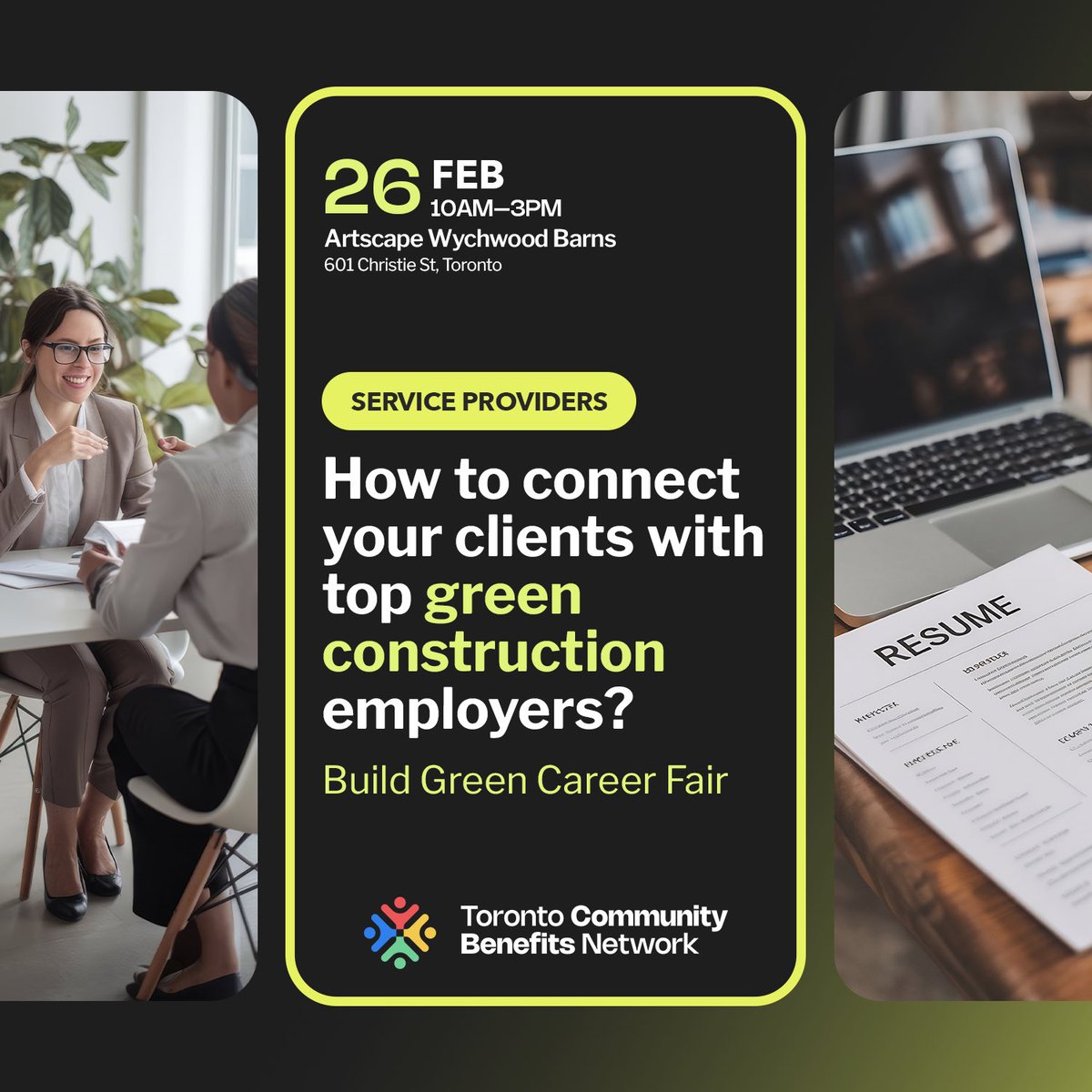 Question to Service Providers - How do you connect your clients with top #greenconstruction employers?

Join us February 26 to make an impact

RSVP: buildgreen.employerportal.ca/service_provid…

In partnership with <a href="/ACCESEmployment/">ACCES Employment</a> ,<a href="/AtmosphericFund/">The Atmospheric Fund</a> , <a href="/LabourEduCentre/">Labour Education Centre</a> and <a href="/LEF_TO/">The Learning Enrichment Foundation</a> 

#communitybenefits