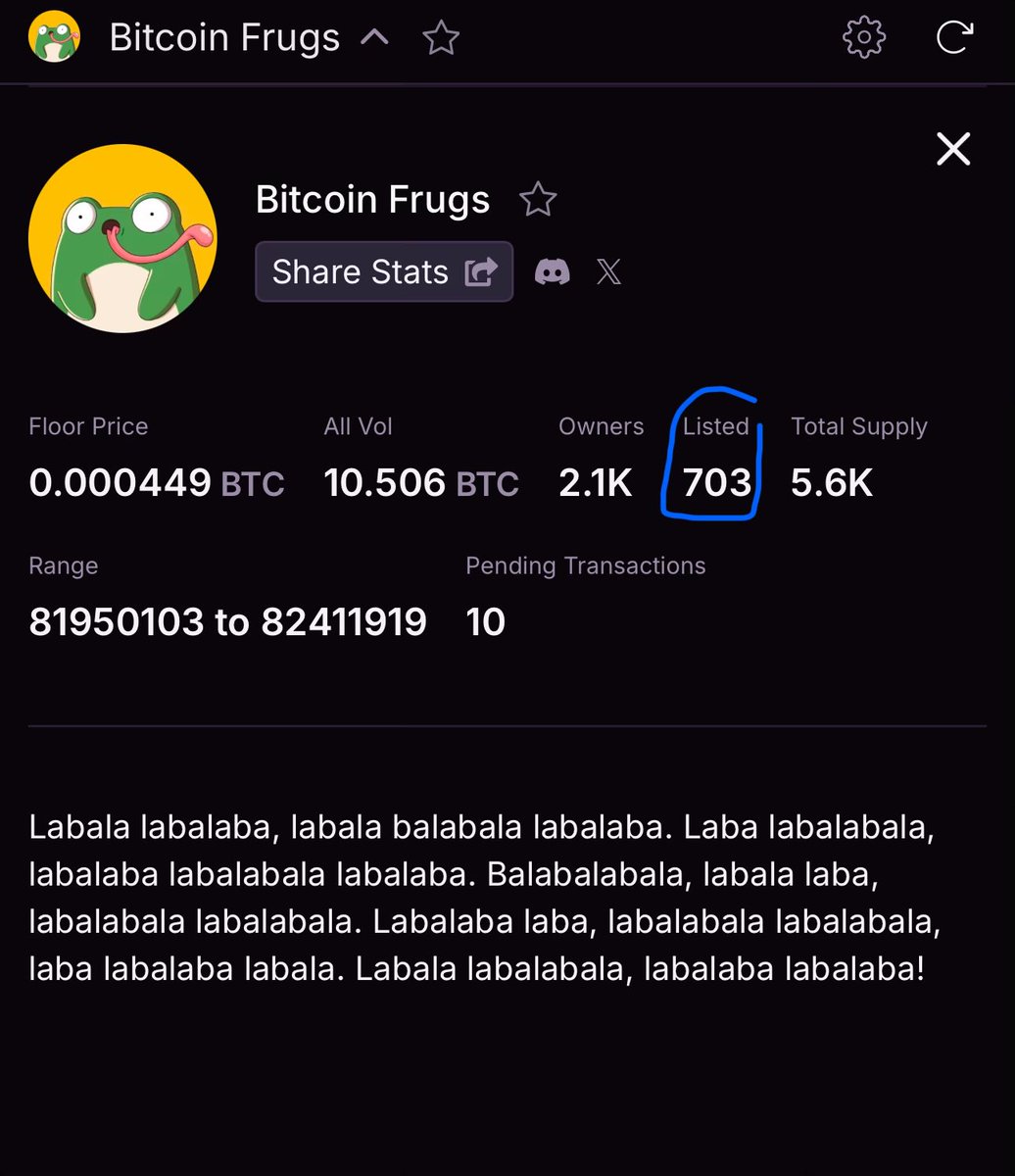 Cribbbb (@cribbcrypto) on Twitter photo Another sweep! 🧹🧹🧹
I’m doing a holder giveaway in the <a href="/btcfrugs/">Bitcoin Frugs</a> discord once we go sub 700 listed!
Delist/Buy and join the Discord now to be in with a chance of a free frugger 🐸
Labalabas getting stronger! Another sweep! 🧹🧹🧹
I’m doing a holder giveaway in the <a href="/btcfrugs/">Bitcoin Frugs</a> discord once we go sub 700 listed!
Delist/Buy and join the Discord now to be in with a chance of a free frugger 🐸
Labalabas getting stronger!