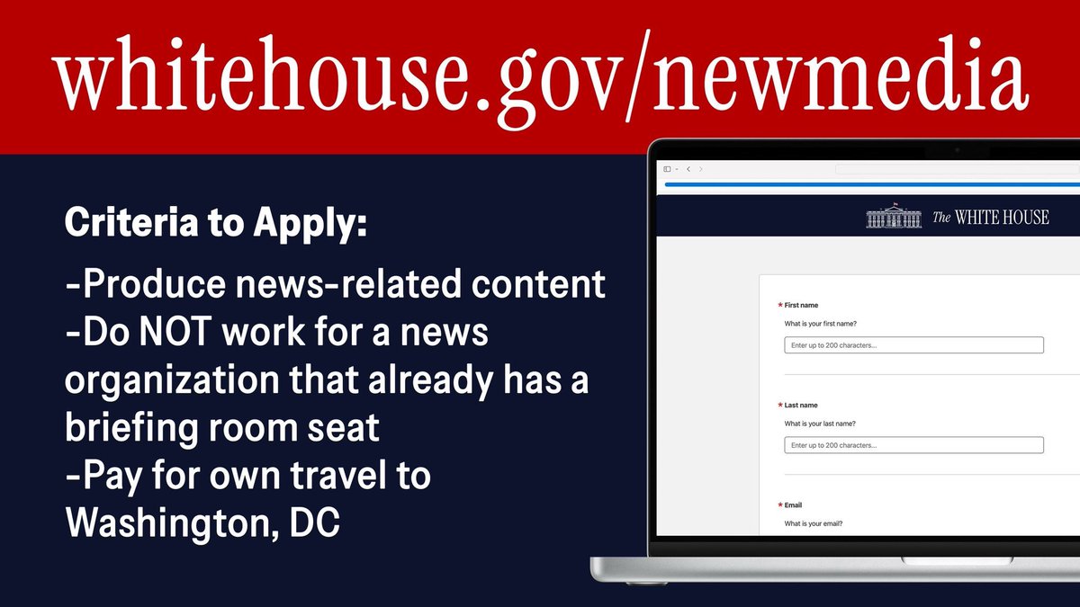 Karoline Leavitt (@presssec) on Twitter photo Thank you to everyone who tuned into today’s <a href="/WhiteHouse/">The White House</a> Press Briefing!
If you’re an independent journalist, podcaster, social media influencer, or content creator who meet the criteria — apply to come join us! ⬇️ Thank you to everyone who tuned into today’s <a href="/WhiteHouse/">The White House</a> Press Briefing!
If you’re an independent journalist, podcaster, social media influencer, or content creator who meet the criteria — apply to come join us! ⬇️