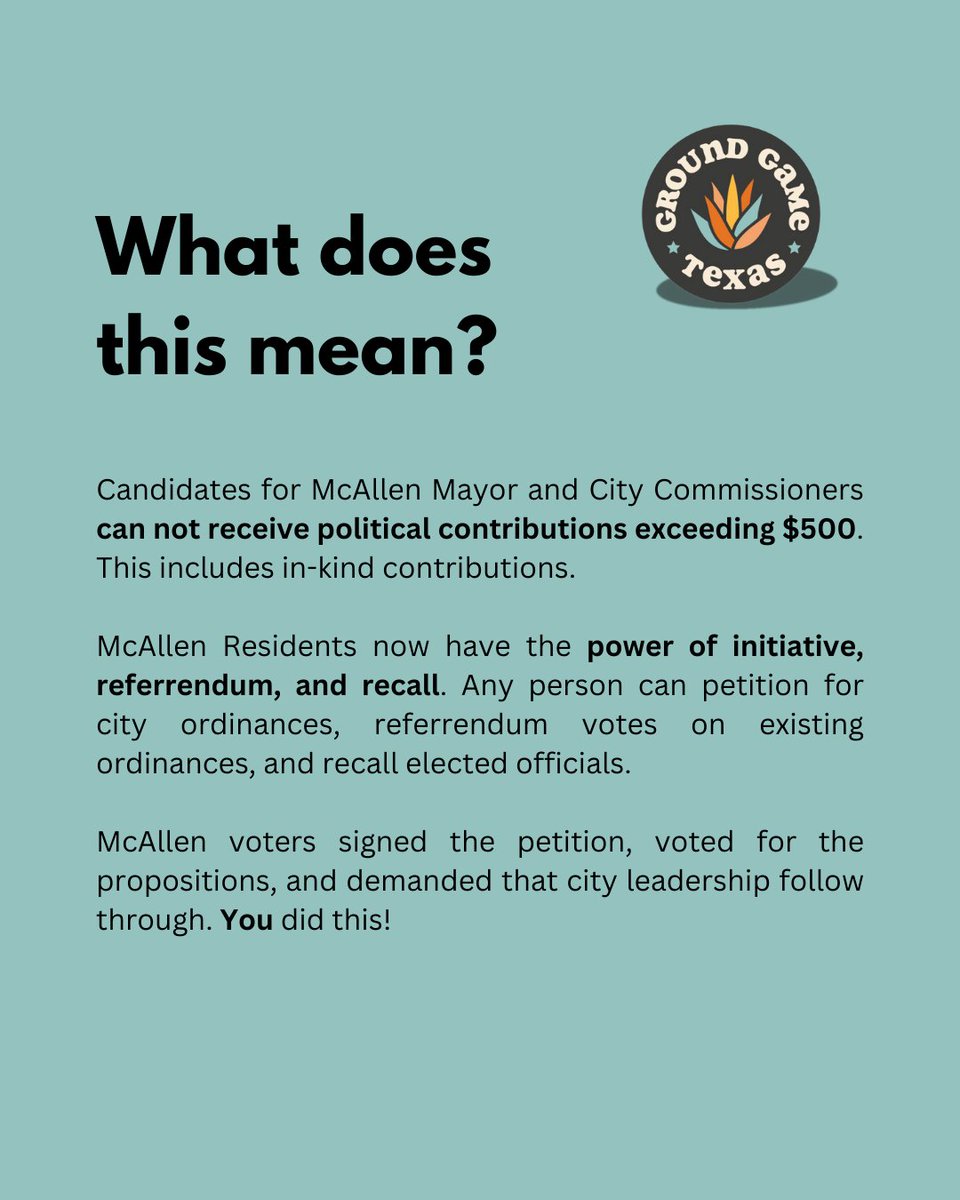 🚨 HUGE WIN for McAllen voters! 

After receiving 360+ emails from residents, the McAllen City Commission adopted Props A &amp; B! 🎉

🔹 No more big $$ in local elections 
🔹 More power to the people 
💪 McAllen voters made this happen! 
🔁 RT to celebrate this people-powered win!