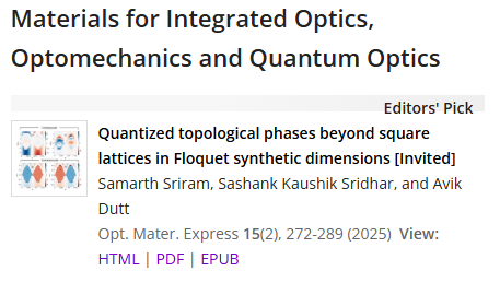 Our recent paper by <a href="/smrthsrrm/">Samarth Sriram</a> and Sashank <a href="/twomodesqueezed/">Sashank Kaushik Sridhar</a> was highlighted as an Editor's Pick by Optical Materials Express -- a part of the special issue on "Floquet engineered materials and systems"!
opg.optica.org/ome/fulltext.c… 
<a href="/OpticaPubsGroup/">Optica Publishing Group</a> <a href="/UMDResearch/">UMD Research</a> <a href="/ClarkSchool/">Maryland Engineering</a> <a href="/umdme/">UMD Department of Mechanical Engineering</a>