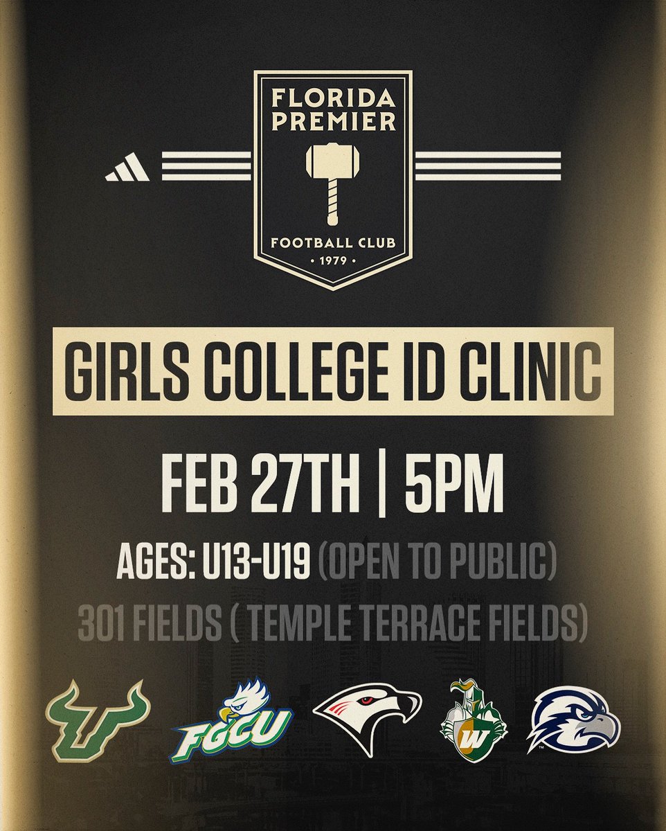 𝗚𝗶𝗿𝗹𝘀 𝗖𝗼𝗹𝗹𝗲𝗴𝗲 𝗜𝗗 𝗖𝗹𝗶𝗻𝗶𝗰: Florida Premier FC is excited to host our annual Girls College ID Clinic February 27th at our Temple Terrace fields! Open to players U13-U19!
••
Limited spots available register today:
floridapremierfc.com/id-clinic-girls