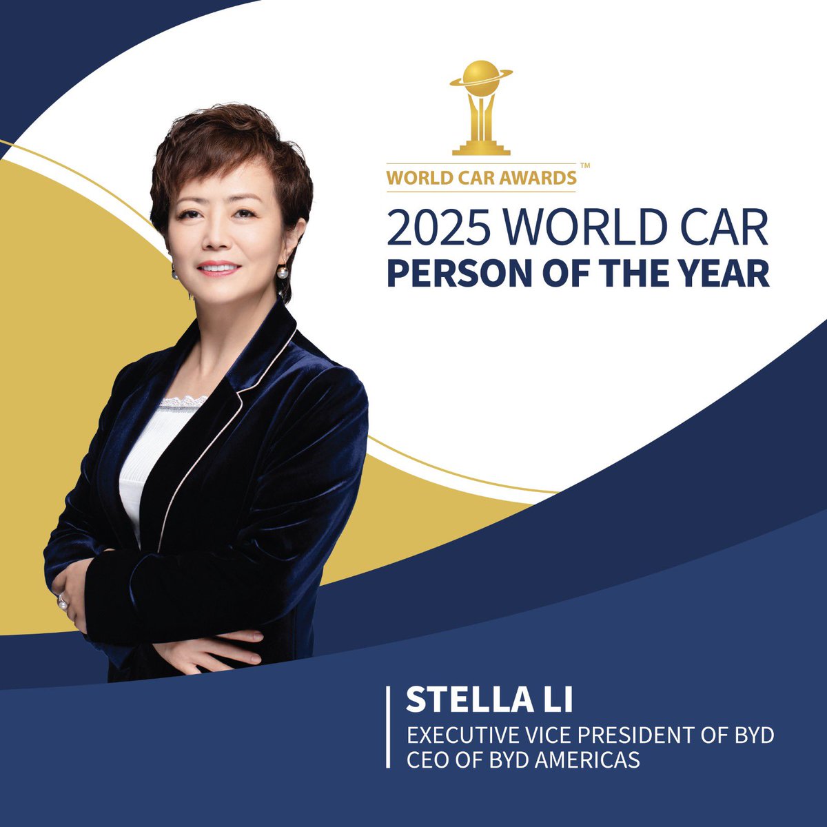JOSEMIRANDAM's tweet image. Stella Li, Executive Vice President of BYD, has been named Person of the Year 2025 at the World Car Awards, marking the first time a woman has been a winner and also the first time a Chinese brand has won a @WorldCarAwards . @BYDGlobal