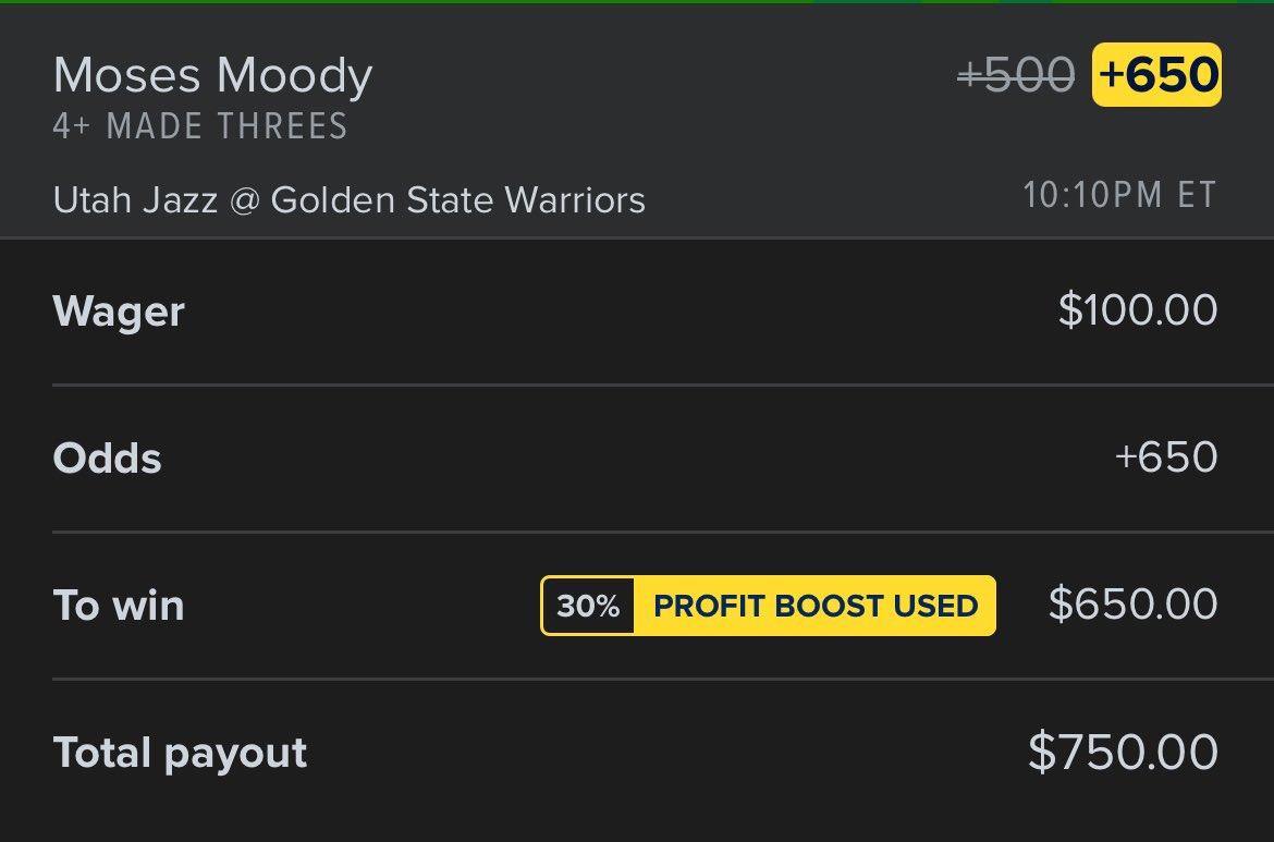 Fanduel NBA Booooooost

Moses Moooody 4+ 3s in for my max at +650 recommend .3u