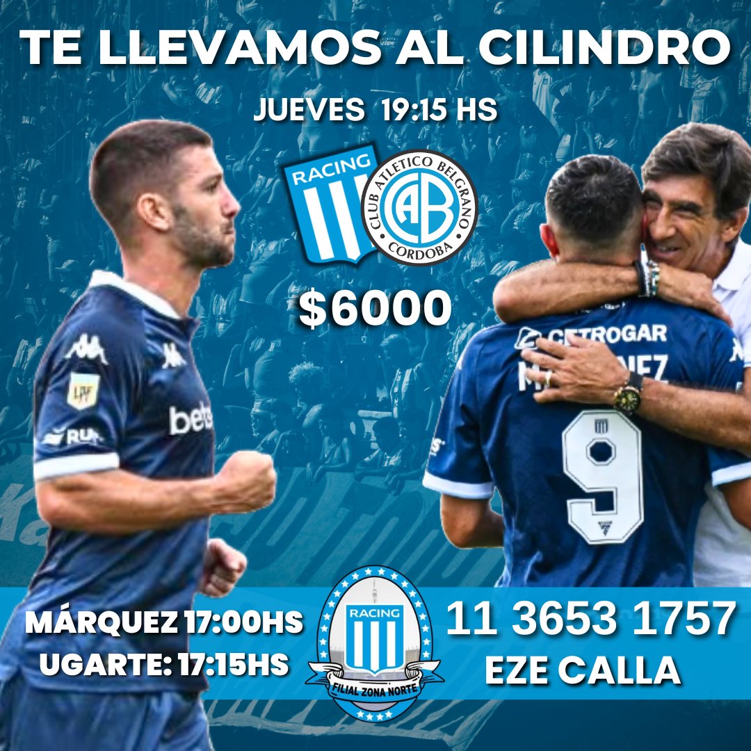RacingClubFZN's tweet photo. ¡Volvemos a casa! 🩵

🚌 Te esperamos para viajar con nosotros este jueves y llevarte al Cilindro, háblanos así te anotamos en la lista del micro 📲

👋 ¡No dudes en consultarnos! 🫂

⏱️ HORARIOS DE SALIDA 
📍 Márquez y Panamericana: 17:00hs
📍 Ugarte y Panamericana: 17:15hs https://t.co/eYyEuGBb9B
