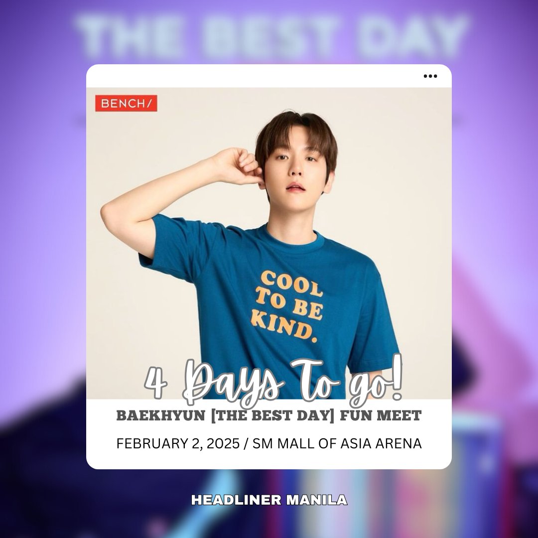 headlinermnl's tweet photo. 🟣 Some of #BAEKHYUN's hobbies are playing the piano, listening to music and watching movies 😀

[THE BEST DAY with BENCH] BAEKHYUN FAN MEET 2025

📍 SM MALL OF ASIA ARENA
FEBRUARY 2, 2025

Presented by: @benchtm  
#TheBestDayWithBENCH
#BENCHxBAEKHYUN
#GlobalBENCHSetter https://t.co/gpHFv4TE1L