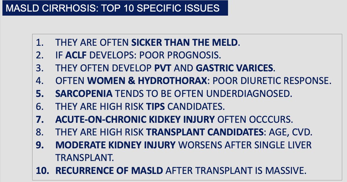 We tend to think that all decompensated cirrhosis are the same. During the 12 years that I practiced in the USA, I learnt that MASLD cirrhosis is different.

See below the 10 more common specific medical issues of MASLD CIRRHOSIS that I found: