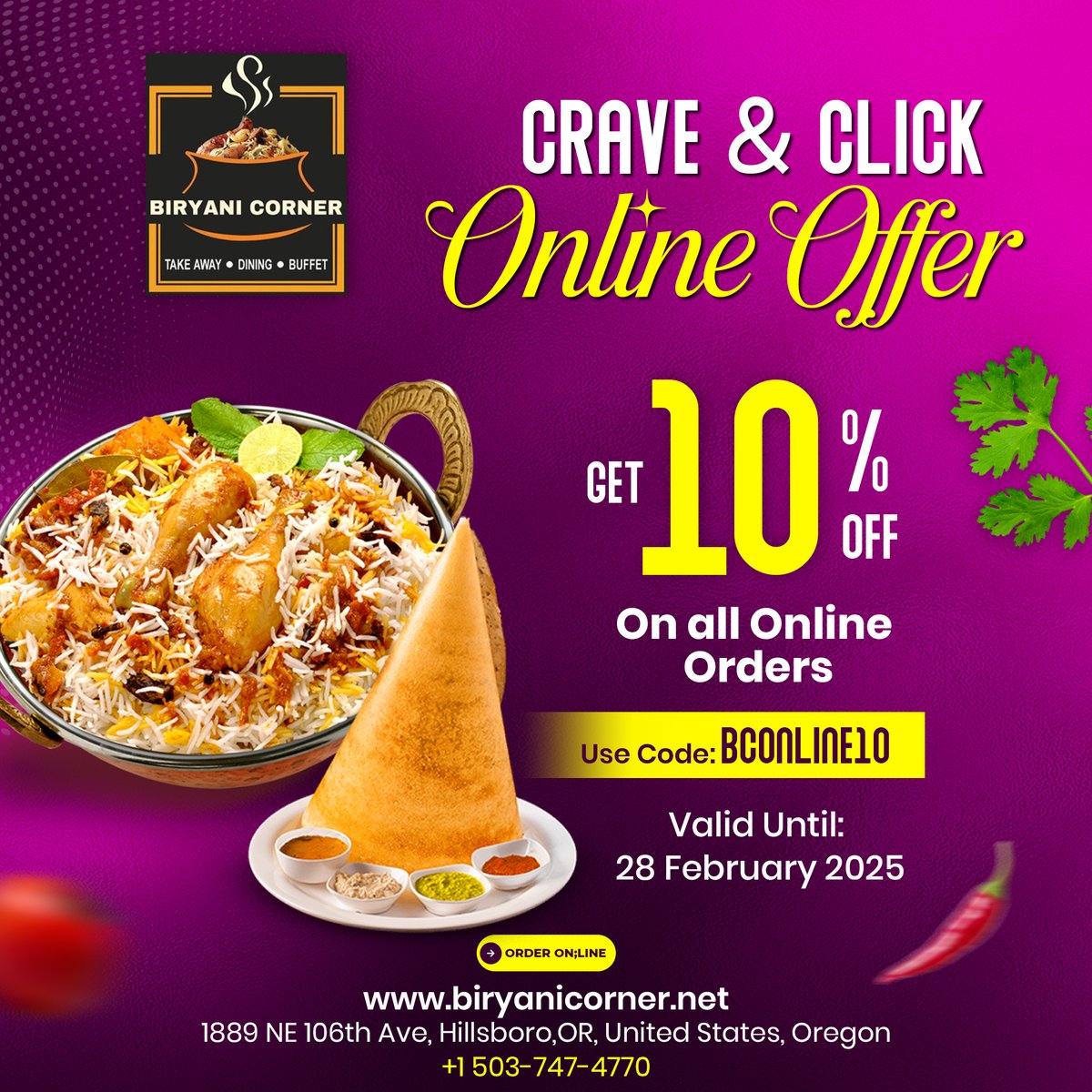 biryani_corner_'s tweet photo. 🍛 Crave &amp; Click – Online Offer! 🍛

📢 Get 10% OFF on ALL online orders! 🎉
🛒 Use Code: BCONLINE10
📅 Valid Until: 28th February 2025

✨ Order Now: https://t.co/X3dKo17hjt

#CraveAndClick #OnlineOrderDeal #FoodieDiscount #BiryaniCorner #HillsboroEats https://t.co/nzBTObCJry