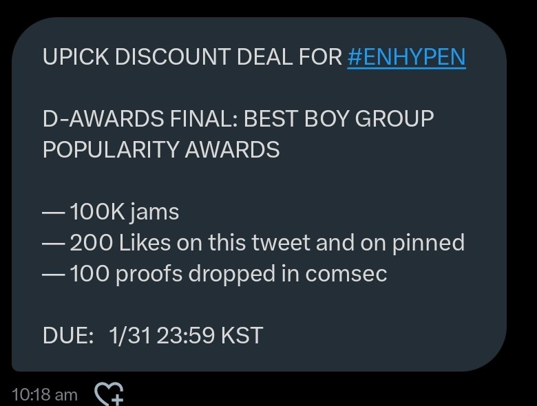 UPICK DISCOUNT DEAL FOR #ENHYPEN

D-AWARDS FINAL: BEST BOY GROUP POPULARITY AWARDS

— 100K jams
— 200 Likes on this tweet and on <a href="/giveaway_votes/">GAFV Shop 🏪</a>  pinned
— 100 proofs dropped in comsec

DUE: 1/31 23:59 KST