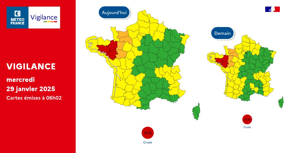 VigiMeteoFrance's tweet photo. Pour mercredi 29 janvier 2025 :
🔴 3 départements en Vigilance rouge
🟠 4 départements en Vigilance orange

Pour jeudi 30 janvier 2025 :
🔴 3 départements en Vigilance rouge
🟠 4 départements en Vigilance orange

Restez prudents et informés :
https://t.co/JGz4rTUvHP https://t.co/9EBLg5JyWr