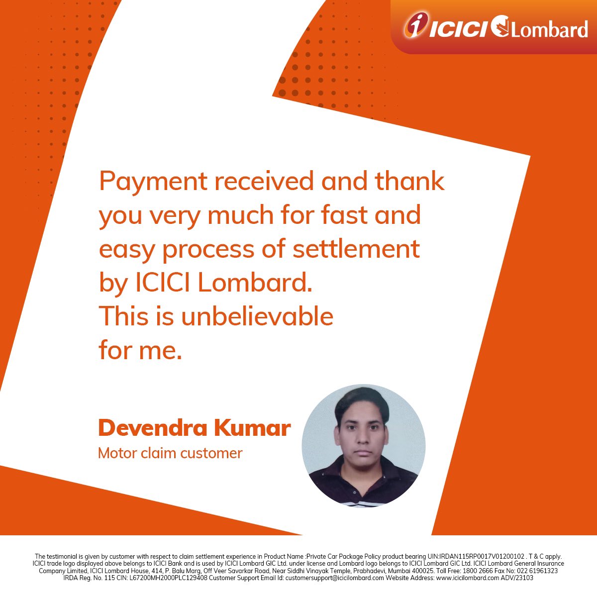 ICICILombard's tweet image. Swift, seamless, and stress-free. We’re glad to have made the claim settlement process easy for you. ✨

#ICICILombard #NibhayeVaade #MotorClaim