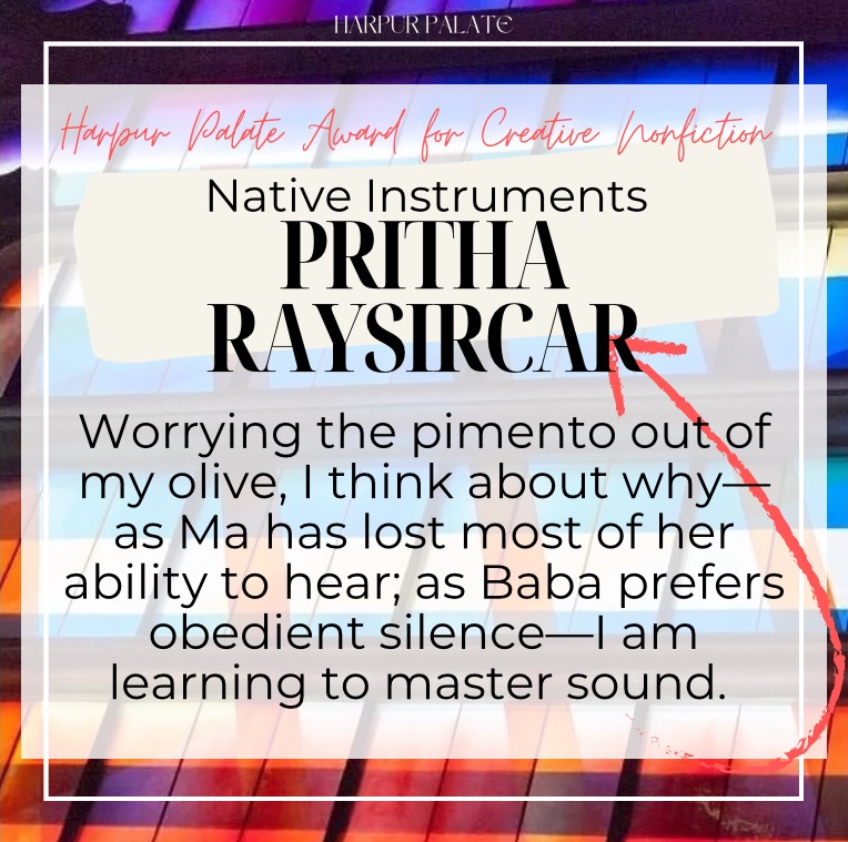 Harpur Palate (@harpurpalate) on Twitter photo Pritha RaySircar
“Native Instruments” ✨Recipient for the Harpur Palate Award for Creative Nonfiction! <a href="/pritharaysircar/">Pritha RaySircar</a>
FROM ISSUE 23.1 SPRING/SUMMER
harpurpalate.binghamton.edu/pritha-raysirc… Pritha RaySircar
“Native Instruments” ✨Recipient for the Harpur Palate Award for Creative Nonfiction! <a href="/pritharaysircar/">Pritha RaySircar</a>
FROM ISSUE 23.1 SPRING/SUMMER
harpurpalate.binghamton.edu/pritha-raysirc…