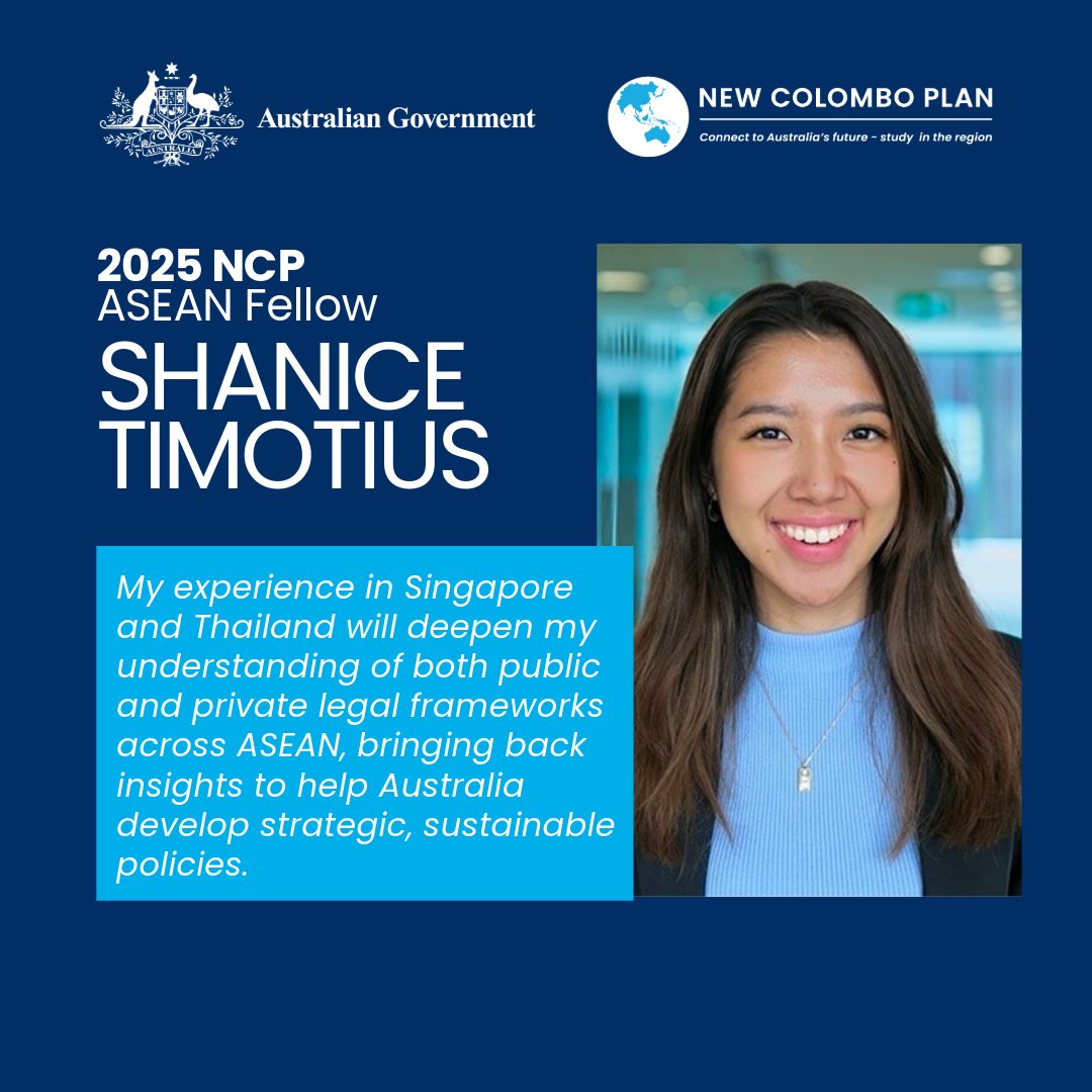 Introducing Shanice Timotius, 2025 New Colombo Plan ASEAN Fellow.

As a Bachelor of Commerce (Finance) / Bachelor of Laws (Honours) student at The University of Queensland, Shanice is eager to learn about Singapore's success in public-private partnerships
