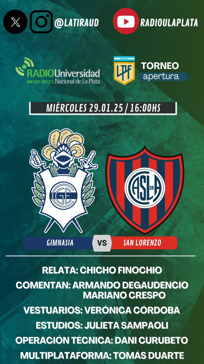 Miércoles desde las 16:00 en <a href="/radioulaplata/">Radio UNLP</a> para #Gimnasia - #SanLorenzo 

Relata <a href="/lucasfinochio/">Chicho Finochio</a> 
Comentan Armando Degaudencio y <a href="/MarianoCres/">Mariano Crespo</a> 
Vestuarios <a href="/VeritoCordoba2/">VeroCordoba</a> 

📻