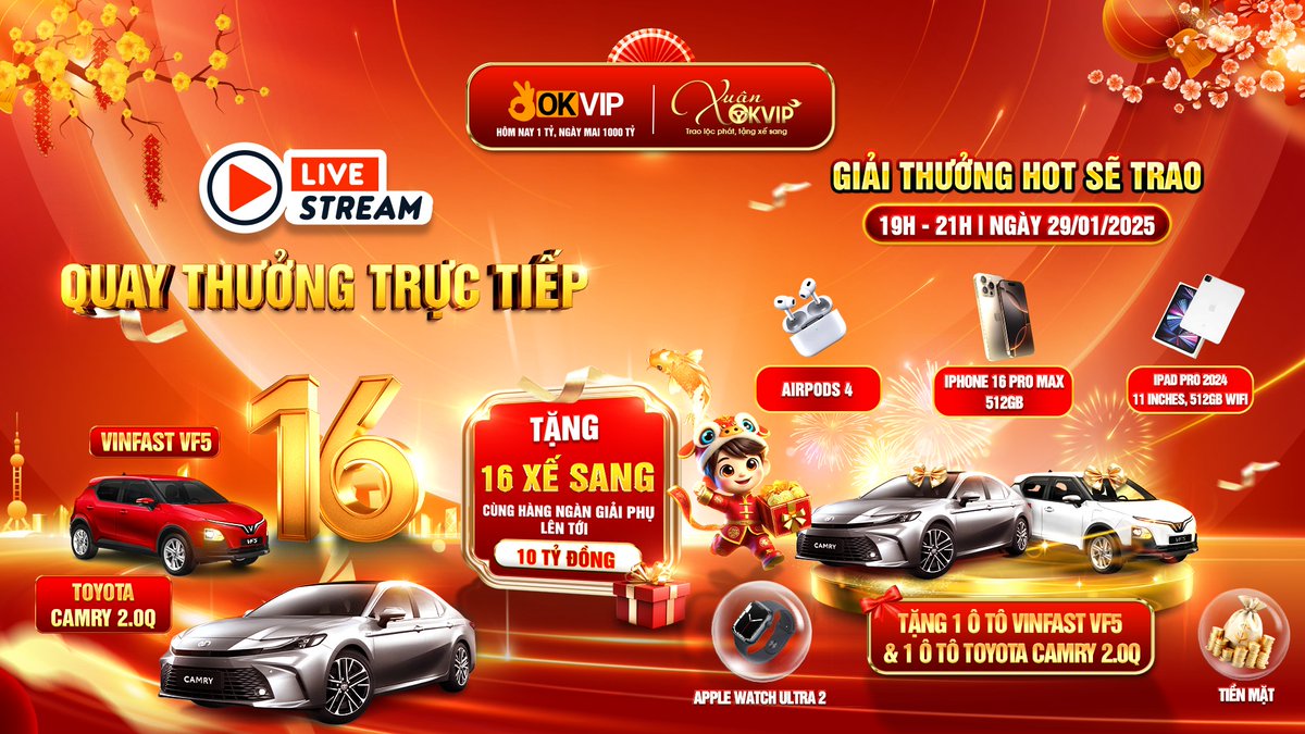 okvipl's tweet photo. 🚕 Xuân OKVIP - Trao Lộc Phát, Tặng Xế Sang 🚕

♻️ Chuỗi Super Mega Live Trao Thưởng Xe Trực Tiếp Tại Trang Chủ OKVIP chính thức khởi động từ ngày 𝟐𝟎/𝟎𝟏/𝟐𝟎𝟐𝟓 - 𝟑𝟏/𝟎𝟏/𝟐𝟎𝟐𝟓
🕖 Hẹn Gặp Bạn Lúc 𝟏𝟗:𝟎𝟎 - 𝟐𝟏:𝟎𝟎 Ngày 𝟐𝟗/𝟎𝟏/𝟐𝟎𝟐𝟓 tại phiên LIVE STREAM hoành tráng!

🔥 CƠ HỘI RINH VỀ NHỮNG GIẢI THƯỞNG ĐỈNH CAO:
🏎 𝟏 Ô 𝕥ô 𝕋𝕠𝕪𝕠𝕥𝕒 ℂ𝕒𝕞𝕣𝕪 𝟚.𝟘ℚ
🏎 𝟏 Ô 𝕥ô 𝕍𝕚𝕟𝔽𝕒𝕤𝕥 𝕍𝔽𝟝
📱 𝟐 𝕚ℙ𝕙𝕠𝕟𝕖 16 Pro Max 512GB
📱 𝟐 𝕚ℙ𝕒𝕕 Pro 2024, 11 inches, 512GB WiFi
⌚️𝟐 𝔸𝕡𝕡𝕝𝕖 𝕎𝕒𝕥𝕔𝕙 Ultra 2
🎧 𝟐𝟎 AirPods 4
💵 Cùng hàng ngàn giải thưởng tiền mặt giá trị.

🚕 Đừng bỏ lỡ cơ hội đổi đời và đón Tết sum vầy cùng những phần thưởng vô cùng giá trị từ OKVIP!

🟢 Link xem Live Stream: https://t.co/xYbP3aKJ2N
🟢 Link tham gia sự kiện: https://t.co/DVnn1Kpxgr
🟢 Link trang chủ OKVIP: https://t.co/GK2pLtcZNZ
🟢 Link CSKH 24/7: https://t.co/YVEkNw94vX
🟢 Gmail: admin@okvip.com

#OKVIP #LIENMINHOKVIP #TANGXE #LIVE #HOT