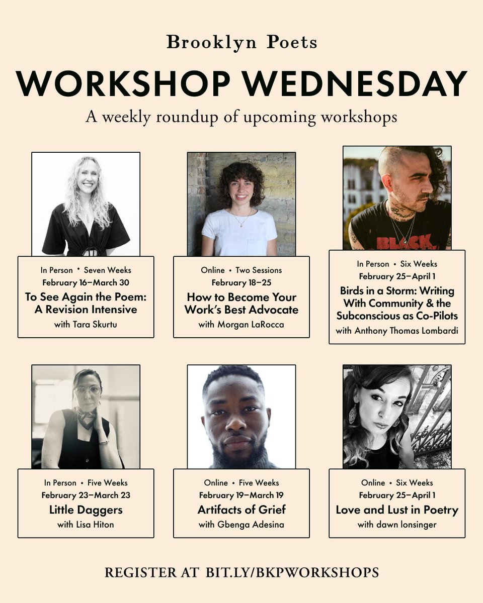 Brooklyn Poets (@brooklynpoets) on Twitter photo This week weāre sharing workshops with registration deadlines coming up soon from <a href="/TaraSkurtu/">Tara Skurtu</a>, @Gbadenaija, dawn lonsinger, <a href="/lhiton/">Lisa Hiton</a>, Morgan LaRocca & Anthony Thomas Lombardi! Save $15 during early registration through February 9th. Learn more: mailchi.mp/brooklynpoets/⦠This week weāre sharing workshops with registration deadlines coming up soon from <a href="/TaraSkurtu/">Tara Skurtu</a>, @Gbadenaija, dawn lonsinger, <a href="/lhiton/">Lisa Hiton</a>, Morgan LaRocca & Anthony Thomas Lombardi! Save $15 during early registration through February 9th. Learn more: mailchi.mp/brooklynpoets/ā¦
