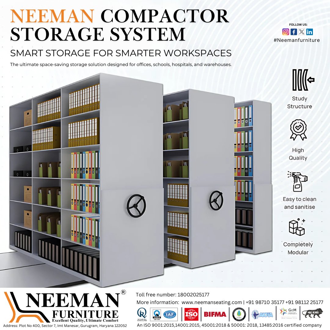 Neemanfurniture's tweet image. Neeman Compactor storage system.
The ultimate space-saving storage solution designed for offices, schools, hospitals, and warehouses.

Contact Us:
📞Call us: +91 98710 35177, +91 98112 25177 

#compactorstorage #compactor #storagesolutions #compactorstoragesystem #officefurniture